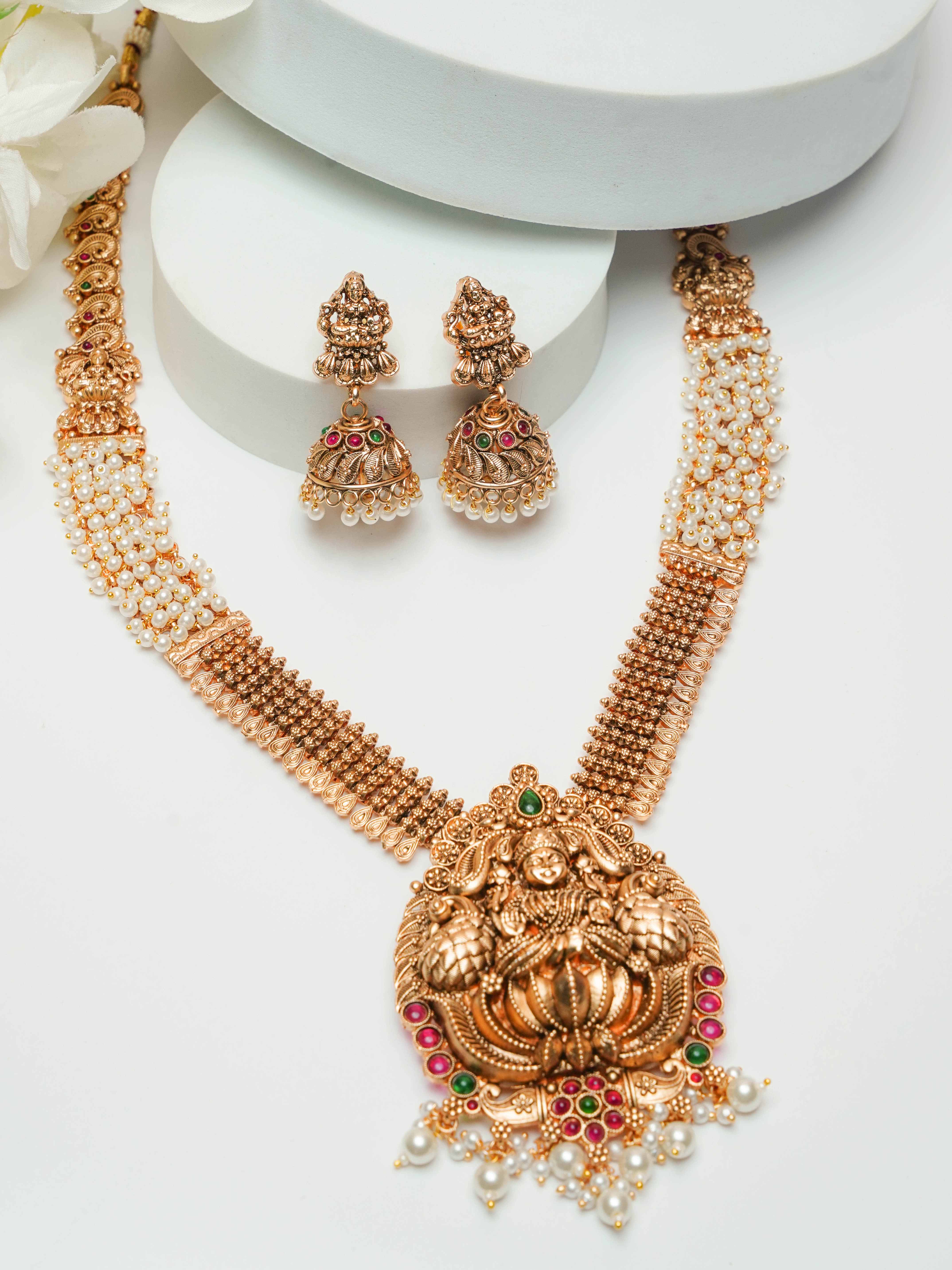 Premium gold finish Designer Long Hara Necklace Set with AD Stones 16867N