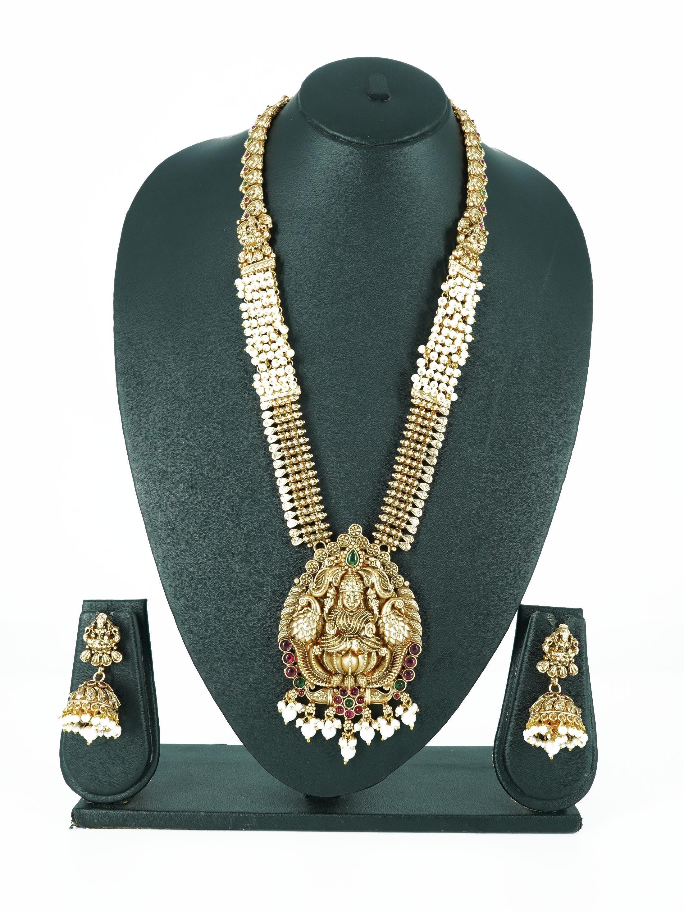 Premium gold finish Designer Long Hara Necklace Set with AD Stones - Griiham