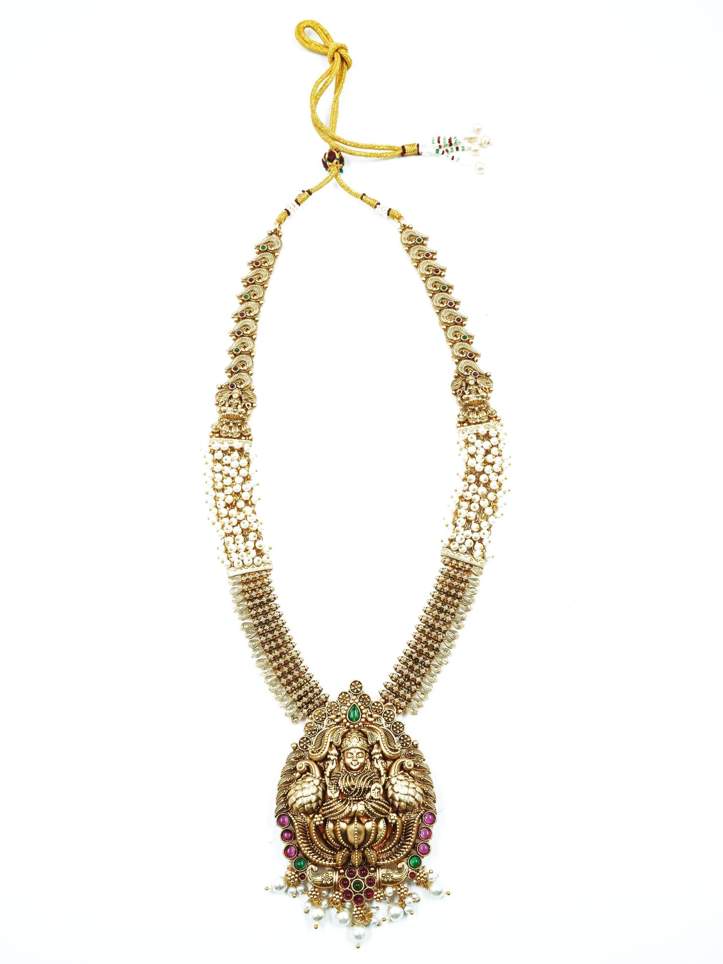 Premium gold finish Designer Long Hara Necklace Set with AD Stones - Griiham