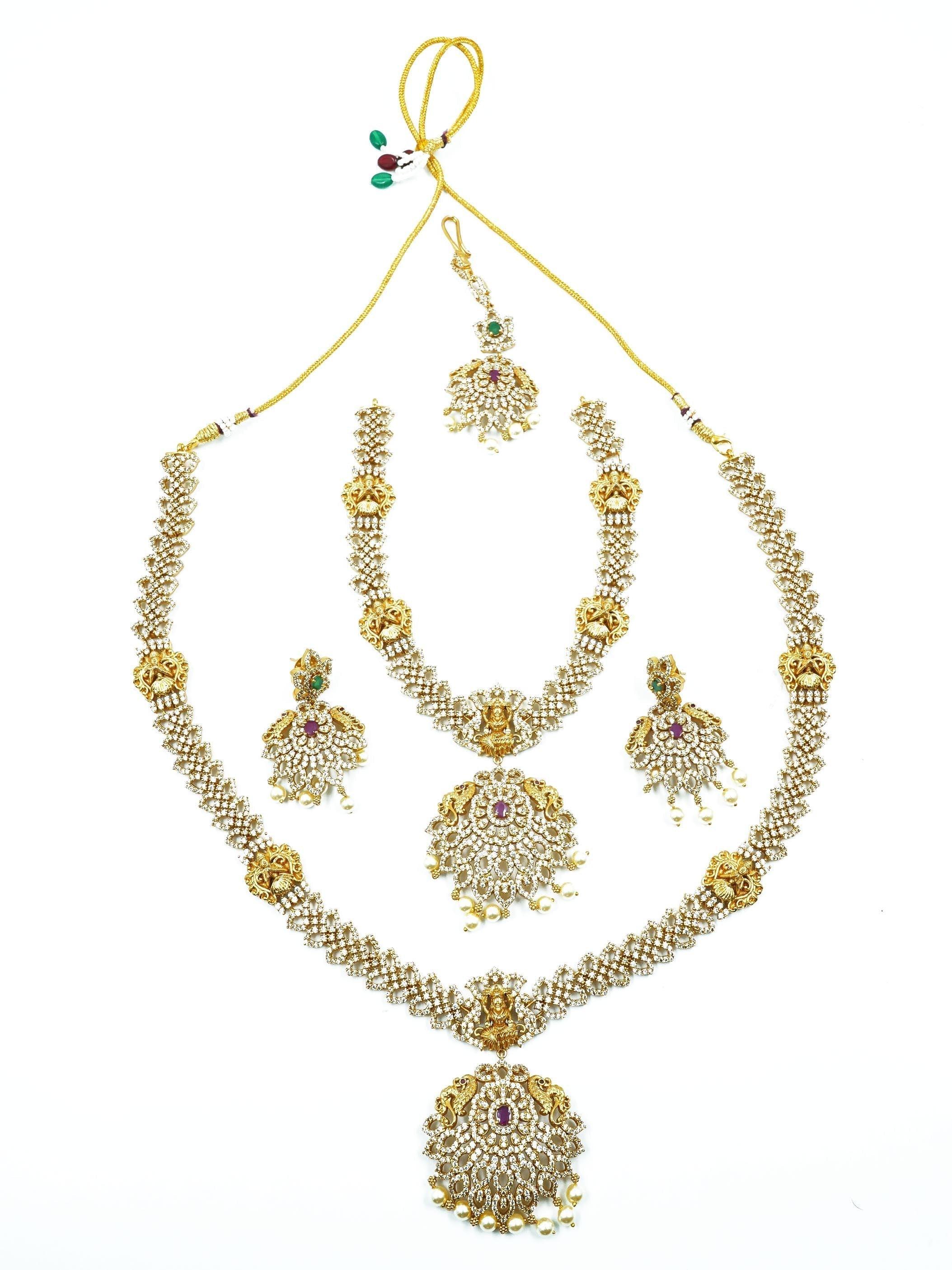 Premium gold finish Long Hara Necklace Set with CZ Stones with Tikka 16704N