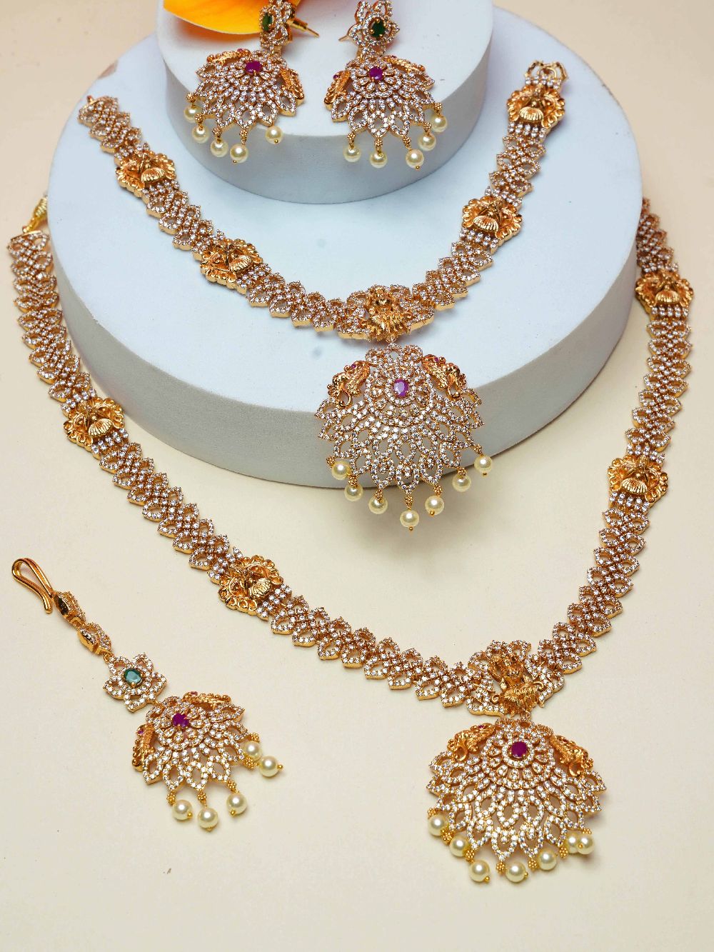 Premium gold finish Long Hara Necklace Set with CZ Stones with Tikka 16704N