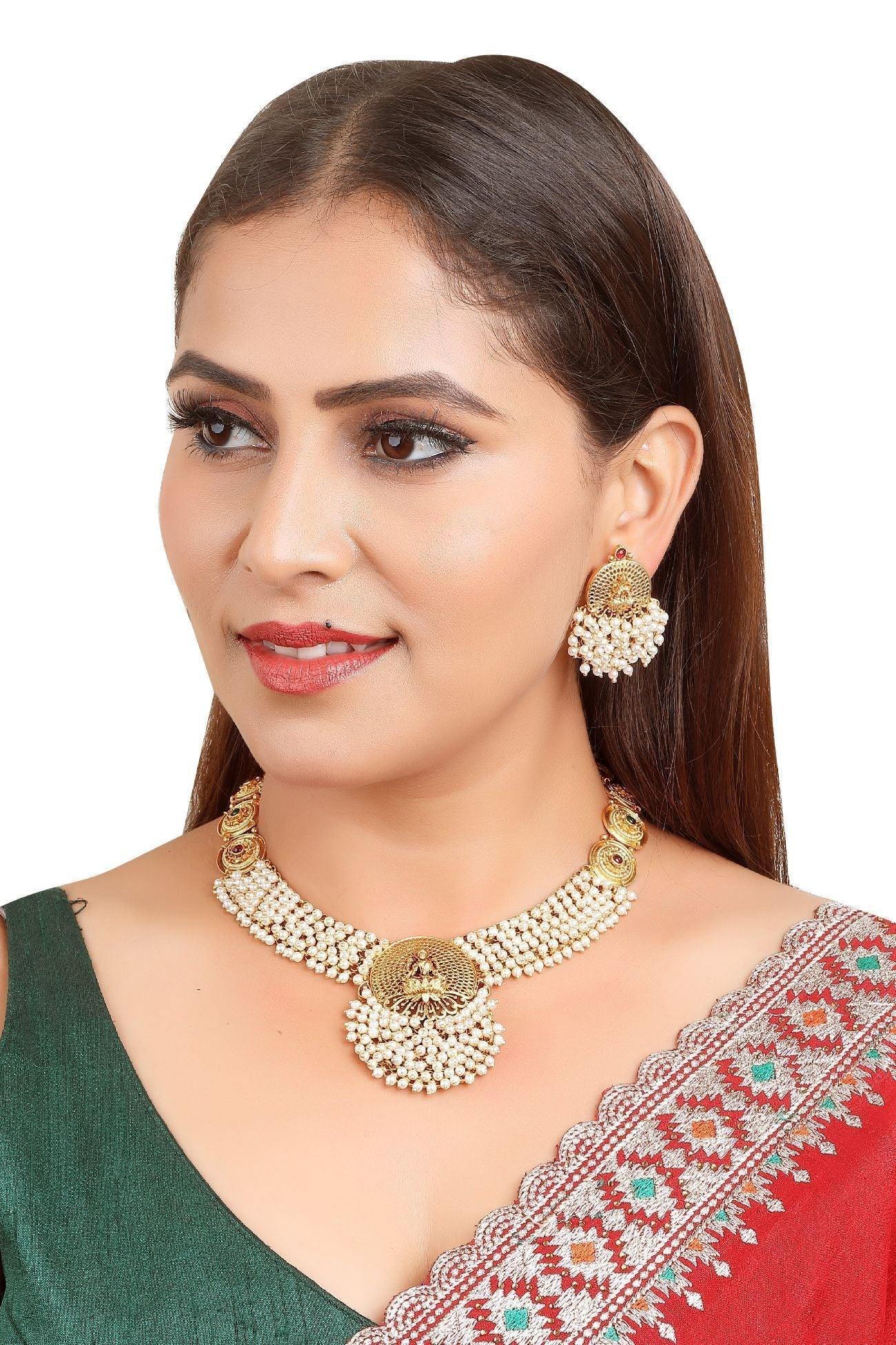 Premium gold finish Pearl Necklace Set with colours 16230N - Griiham