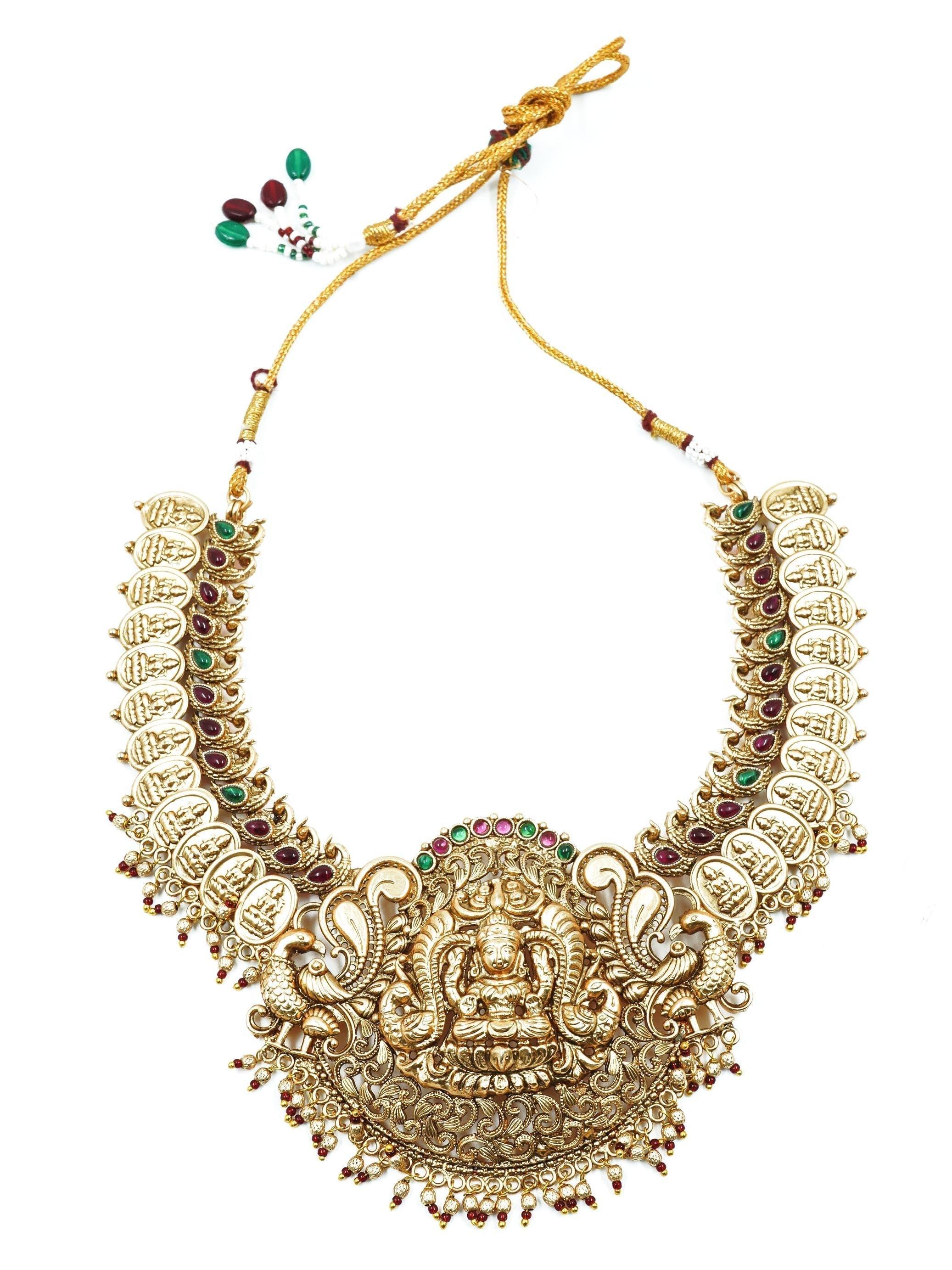 Premium gold finish Short Temple Necklace Set with AD Stones 16847N - Griiham