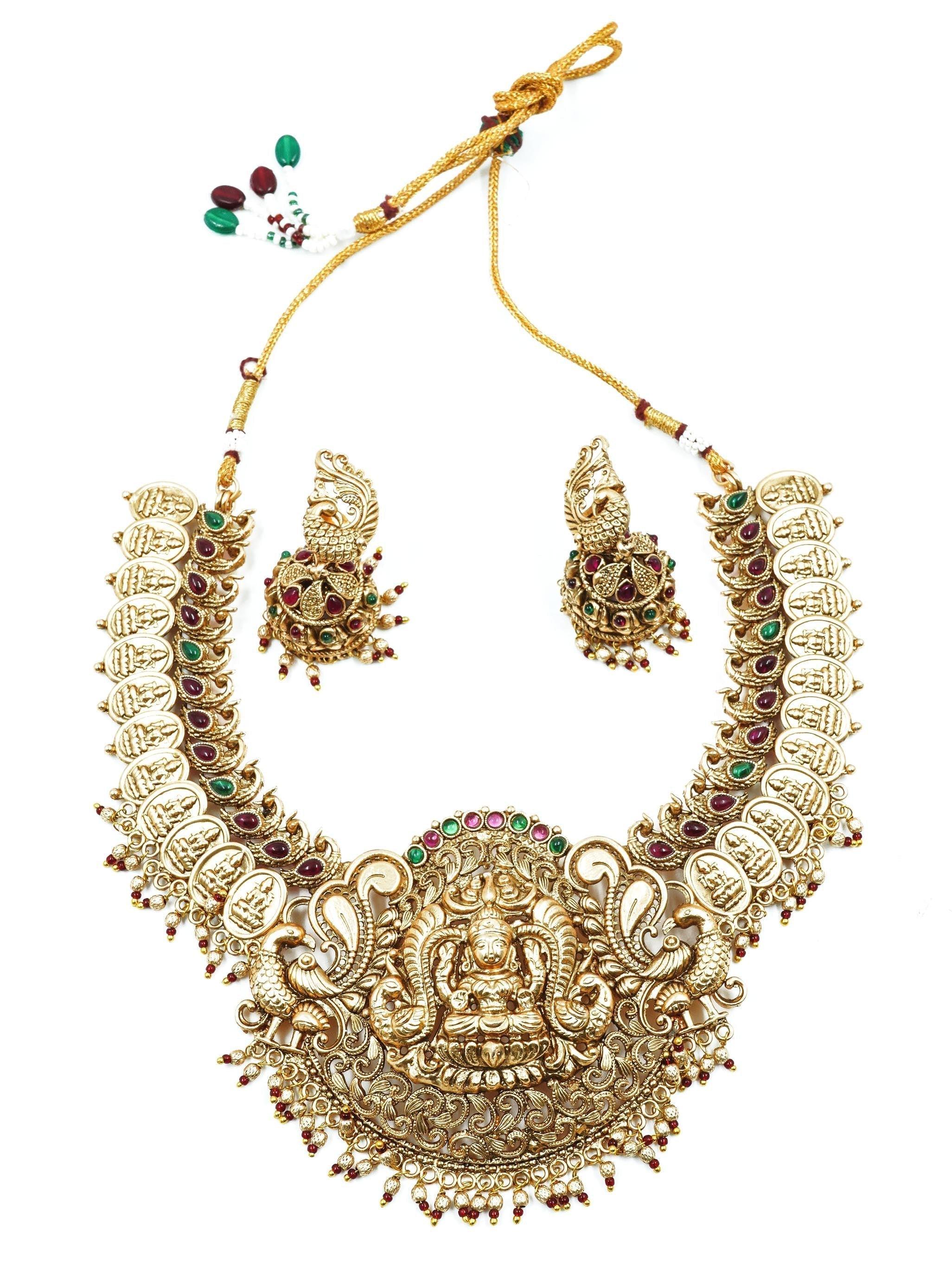 Premium gold finish Short Temple Necklace Set with AD Stones 16847N - Griiham