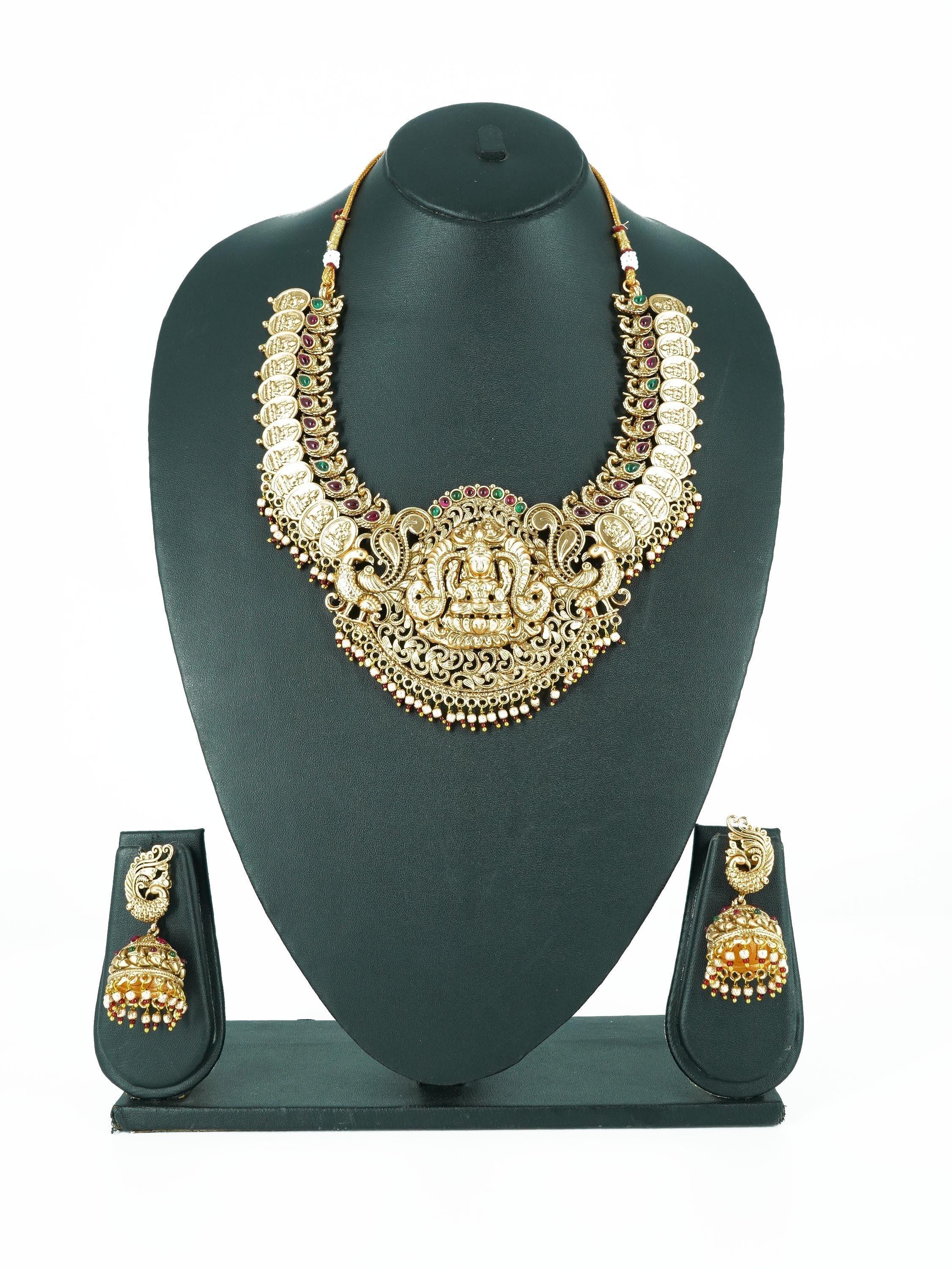 Premium gold finish Short Temple Necklace Set with AD Stones 16847N - Griiham