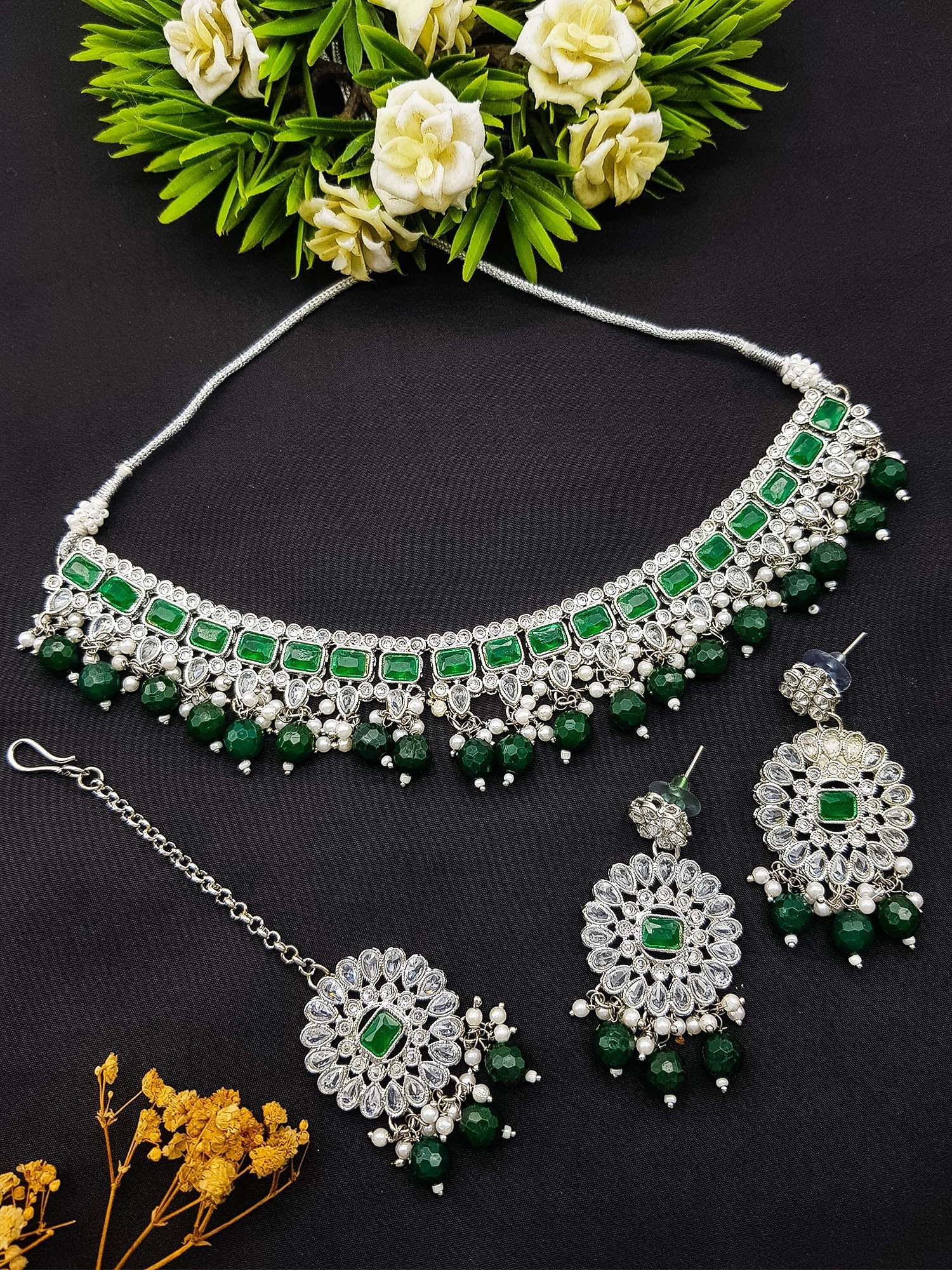 Premium quality Designer Cz zercon stones Kundan Mirror Necklace set 11176N-1