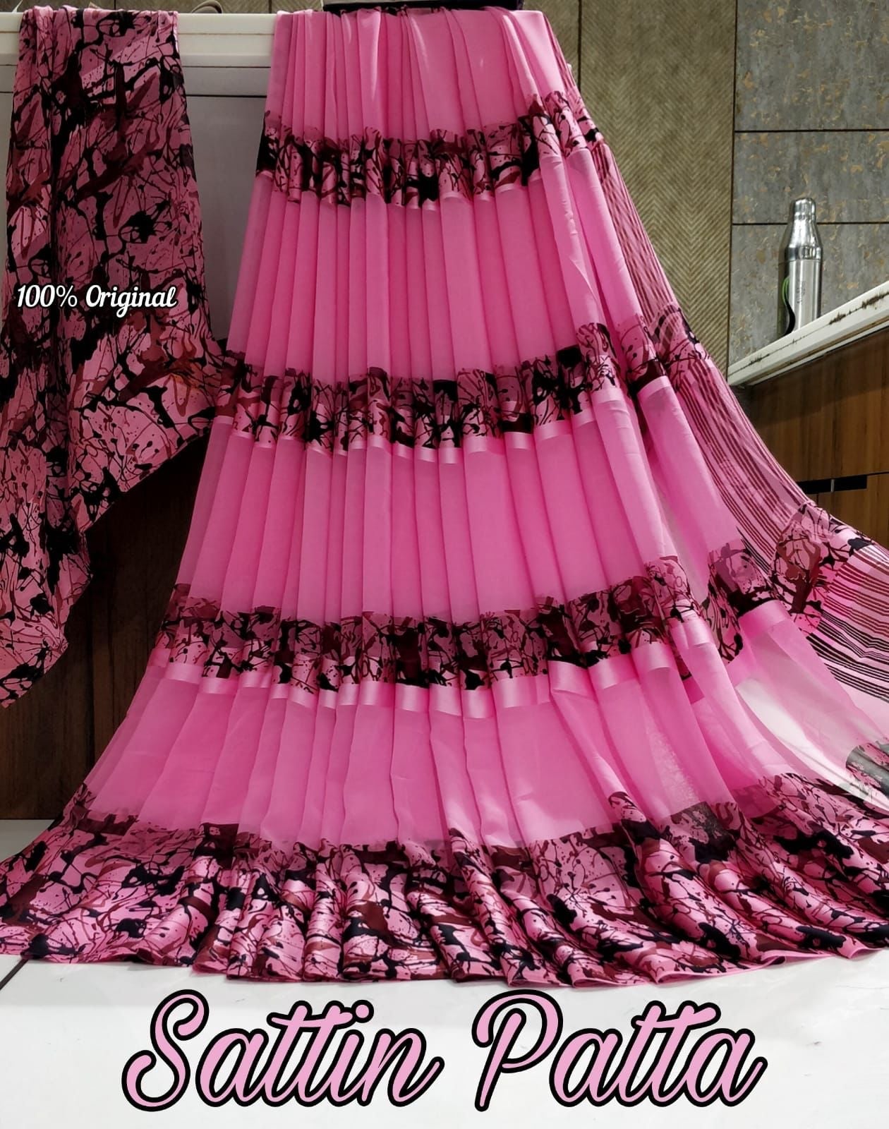 Printed pink Satin patta Saree 13530N