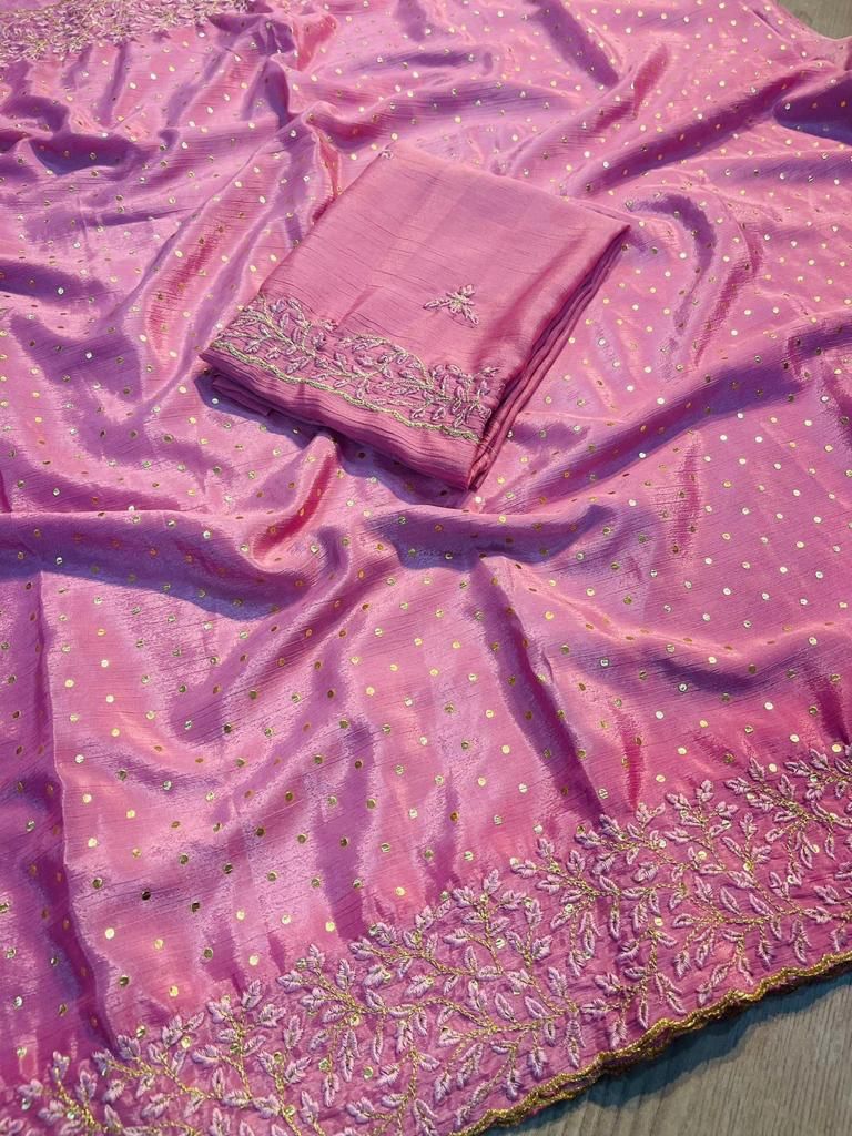 Pure Chinon Saree Pigment Foil Multi Embroidery Work 19525N