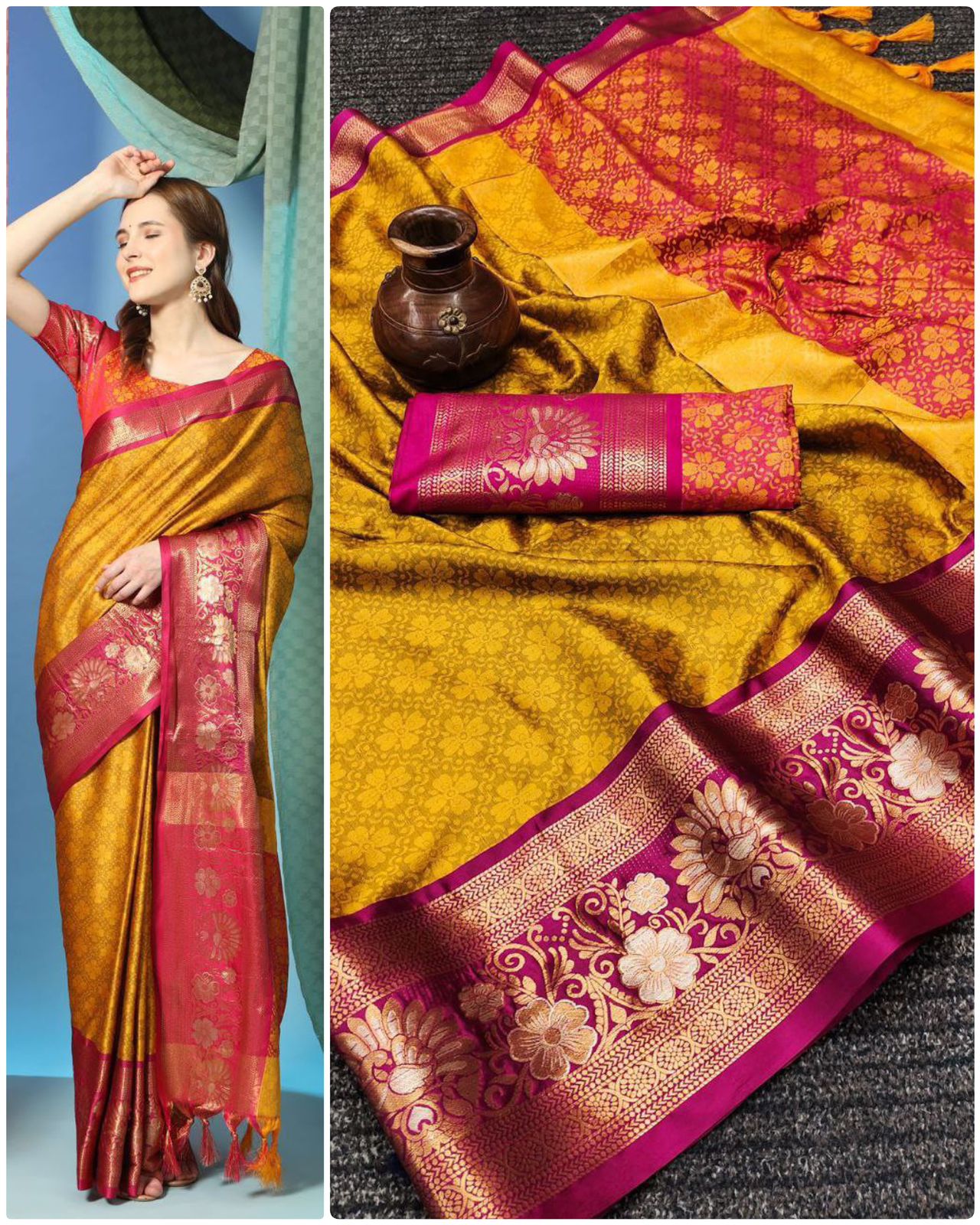 Pure Mercerised Soft Semi-silk in Exclusive Border Design Minawork Saree 22000N
