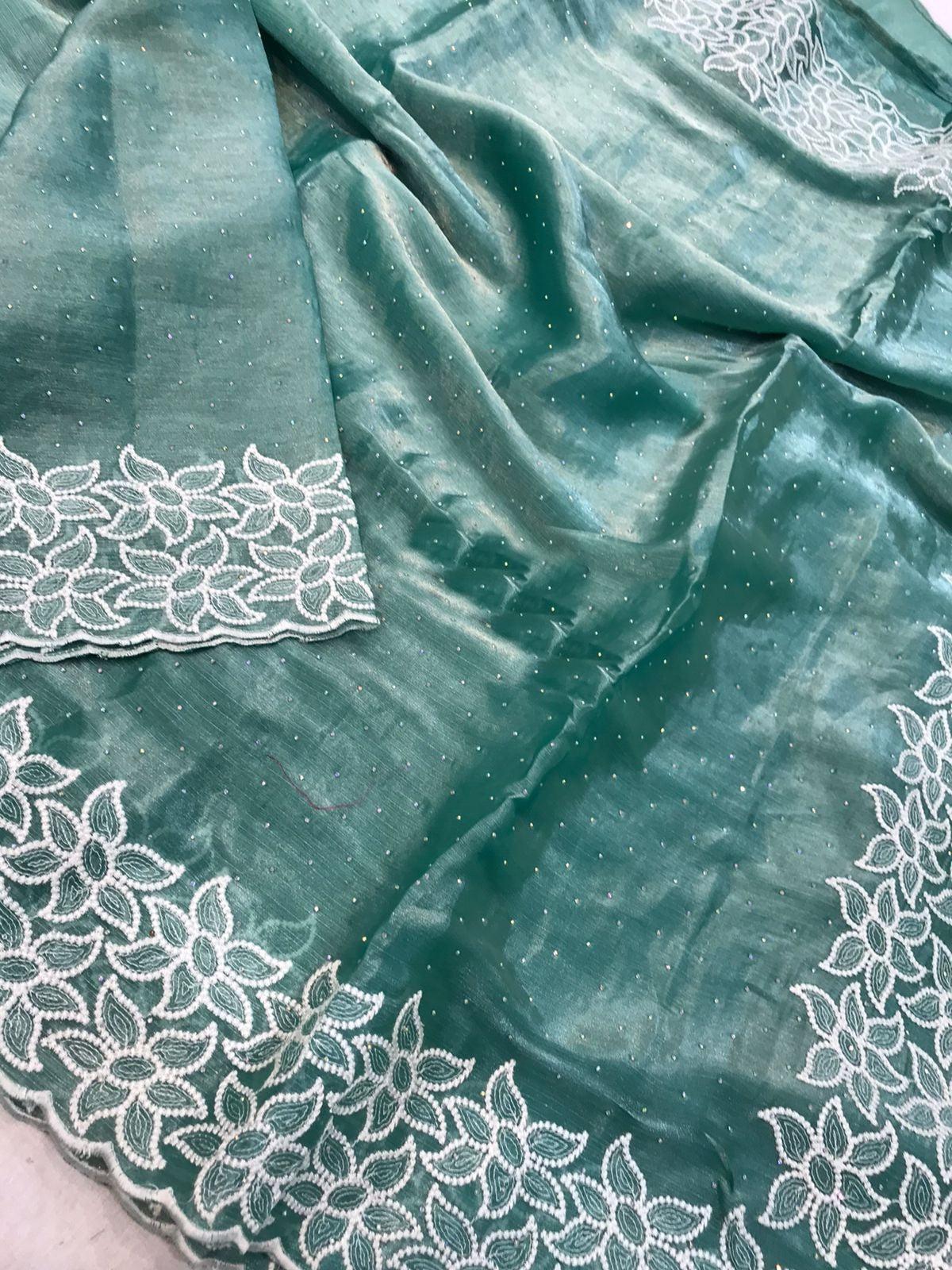 Pure chinon tissue crepe stone work sarees with beautiful embroidery borders 22428N
