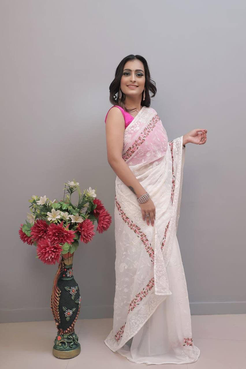 Pure georgette Semi- silk saree having beautiful flowers work 23123N