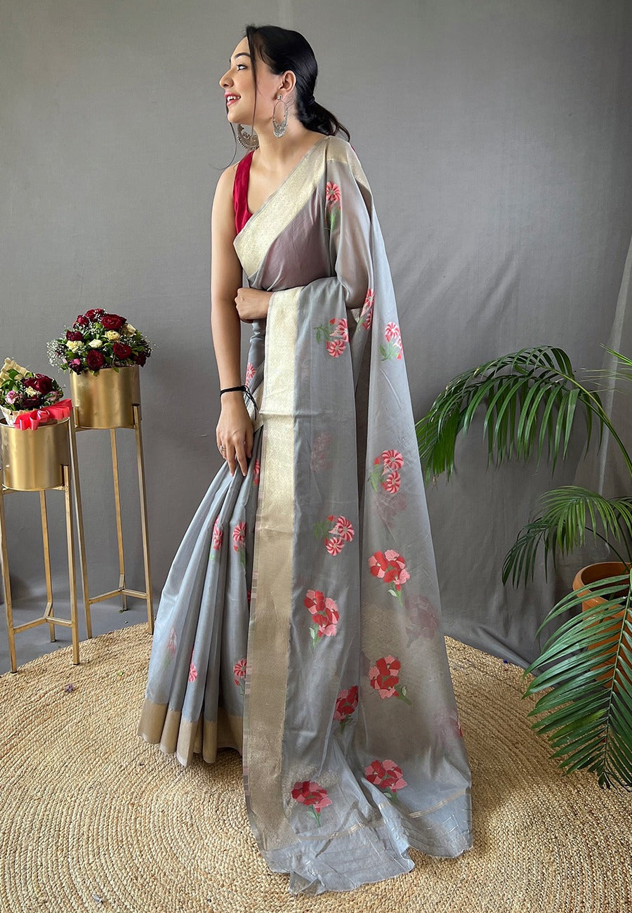 Pure linen fabric saree with all over lotus motifs 22902N