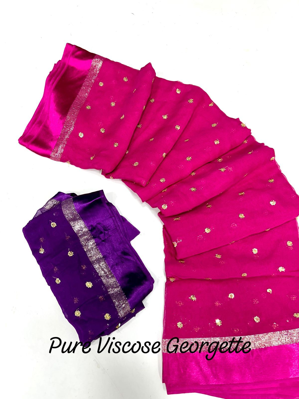 Pure viscose Georgette with satin border And Sequence butti work Pink Saree 19053N
