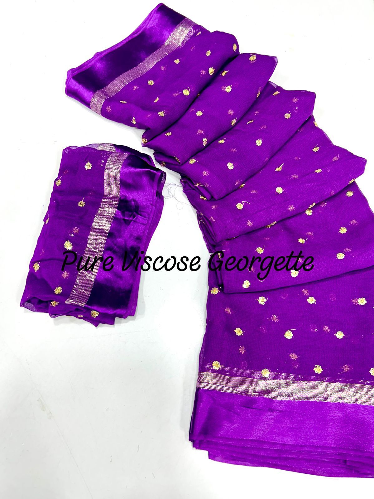 Pure viscose Georgette with satin border And Sequence butti work Purple Saree 19047N