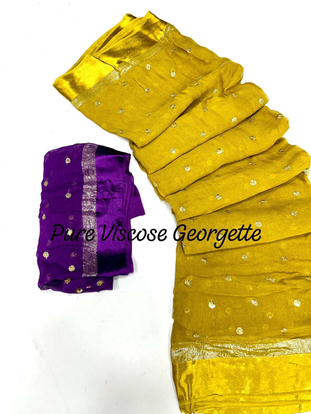 Pure viscose Georgette with satin border And Sequence butti work Yellow Saree 19050N