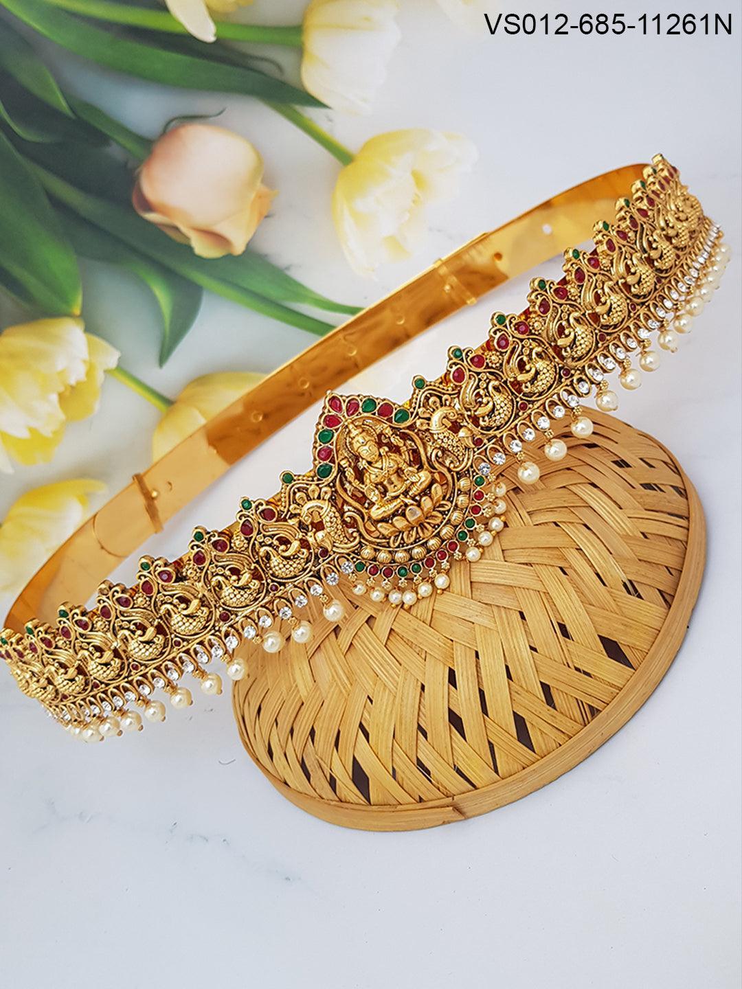 Real unpolished stones Laxmi ruby/emerald in gold antique finish Vadanam/Vodiannam/waistbelt 11261N - Griiham