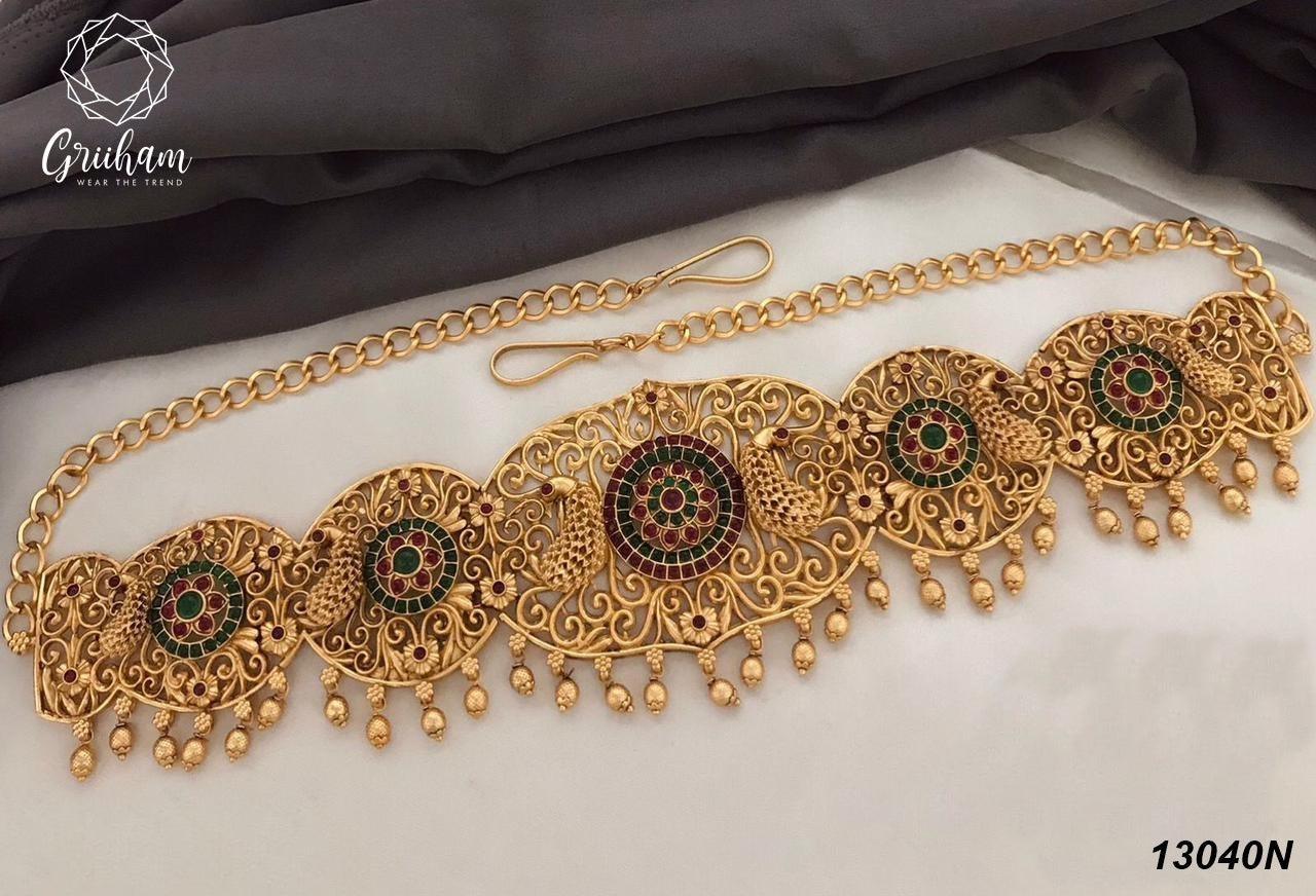 Real unpolished stones Laxmi ruby/emerald in gold antique finish Vadanam/Vodiannam/waistbelt 13040N - Griiham