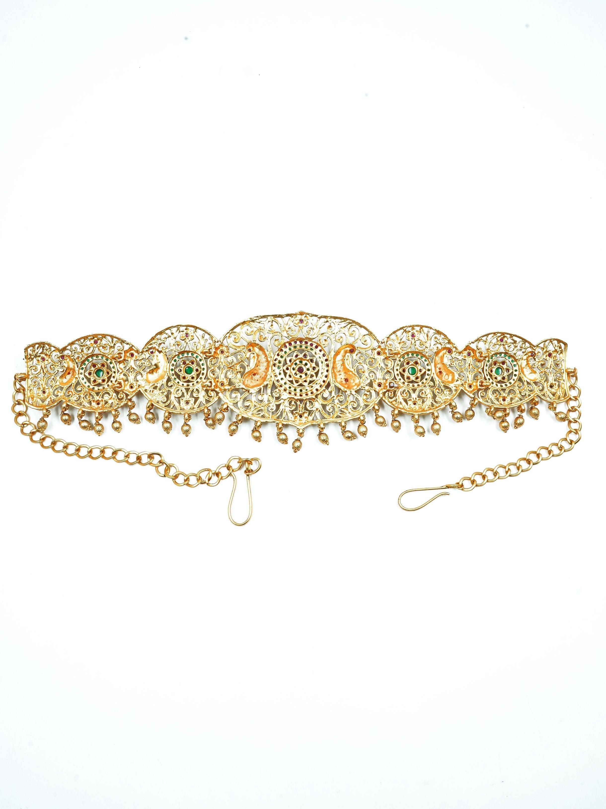 Real unpolished stones Laxmi ruby/emerald in gold antique finish Vadanam/Vodiannam/waistbelt 13040N - Griiham