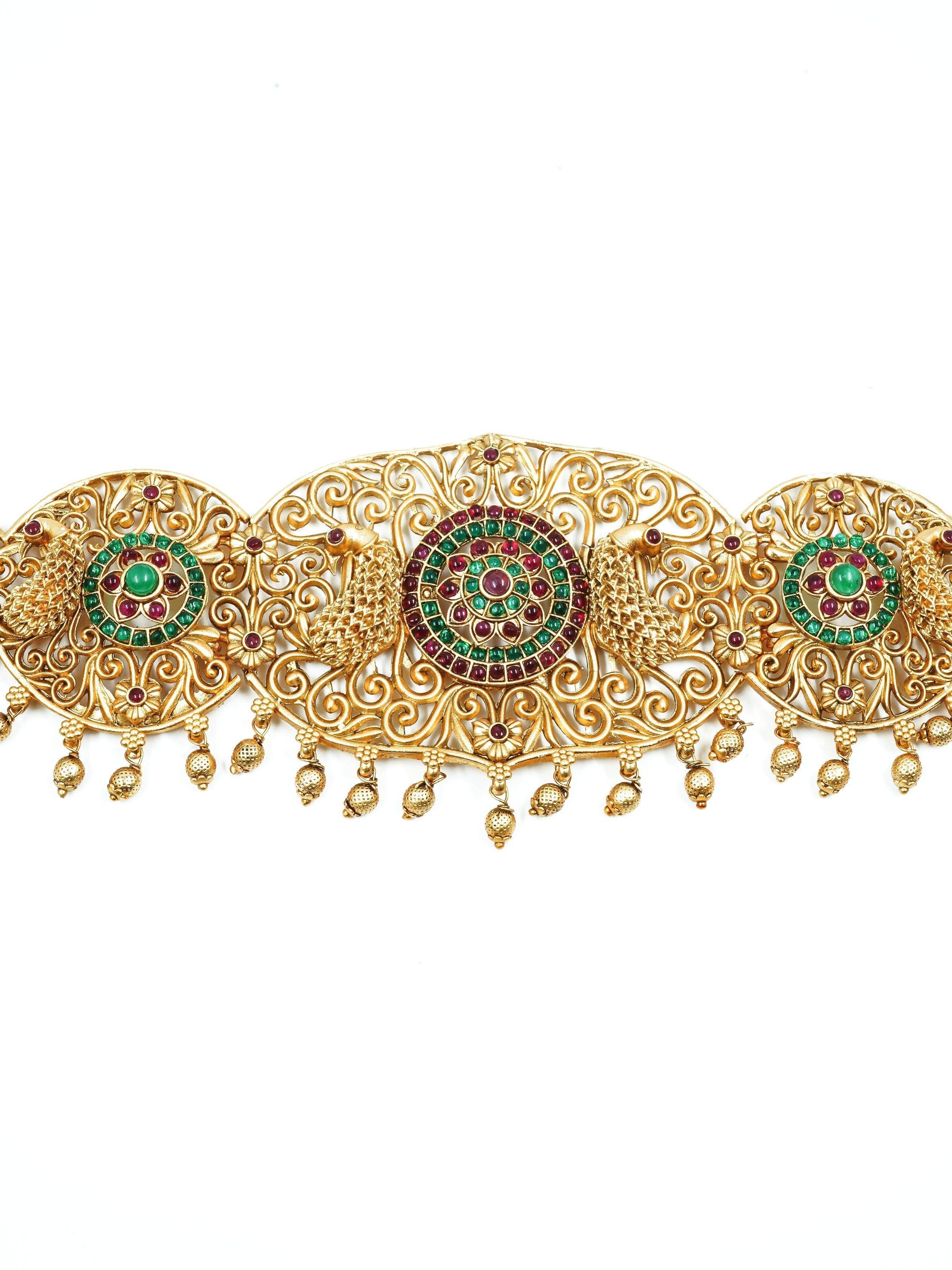 Real unpolished stones Laxmi ruby/emerald in gold antique finish Vadanam/Vodiannam/waistbelt 13040N - Griiham