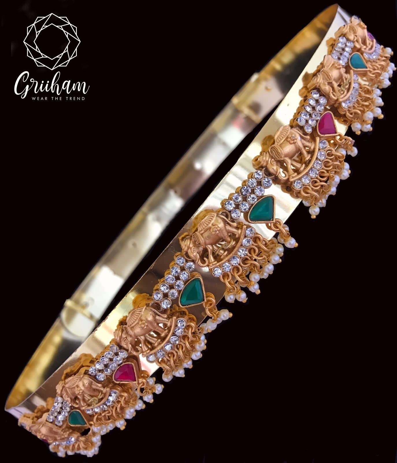 Real unpolished stones ruby/emerald in gold antique finish Vadanam/Vodiannam/waistbelt VNJ03-284-6609N