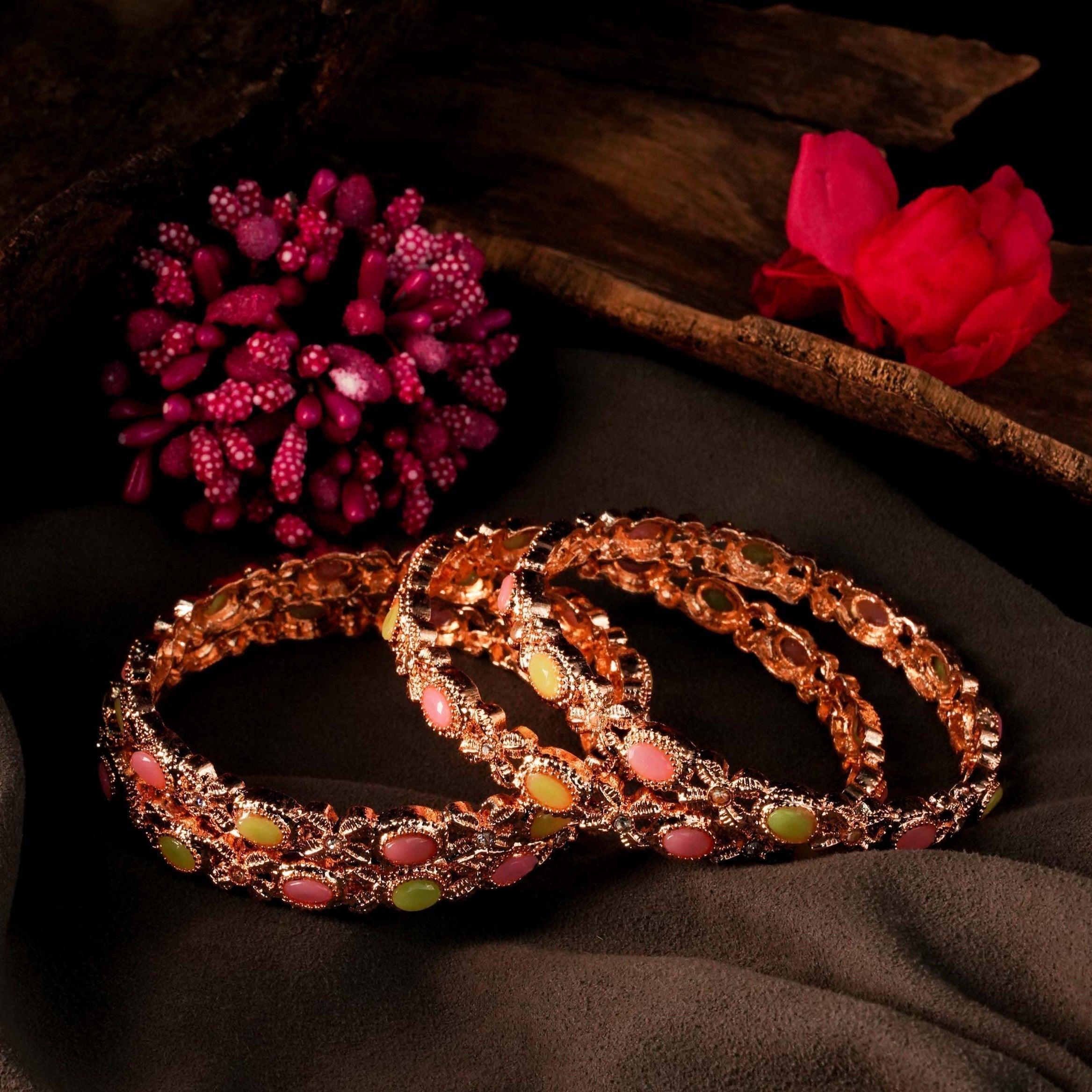 Rose Gold Plated Set of 4 designer Bangles with Mint color green pink stones 9332B - Griiham