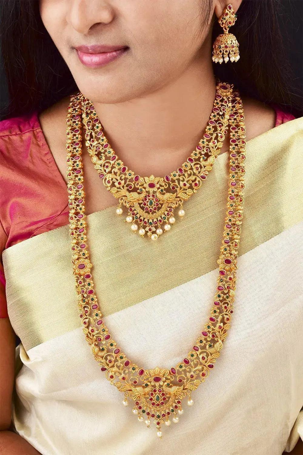 Laxmi Ruby emerald studded Necklace Set Bridal combo (Long+short)Bahubali design FREE Express Delivery NAI08-774-1336N