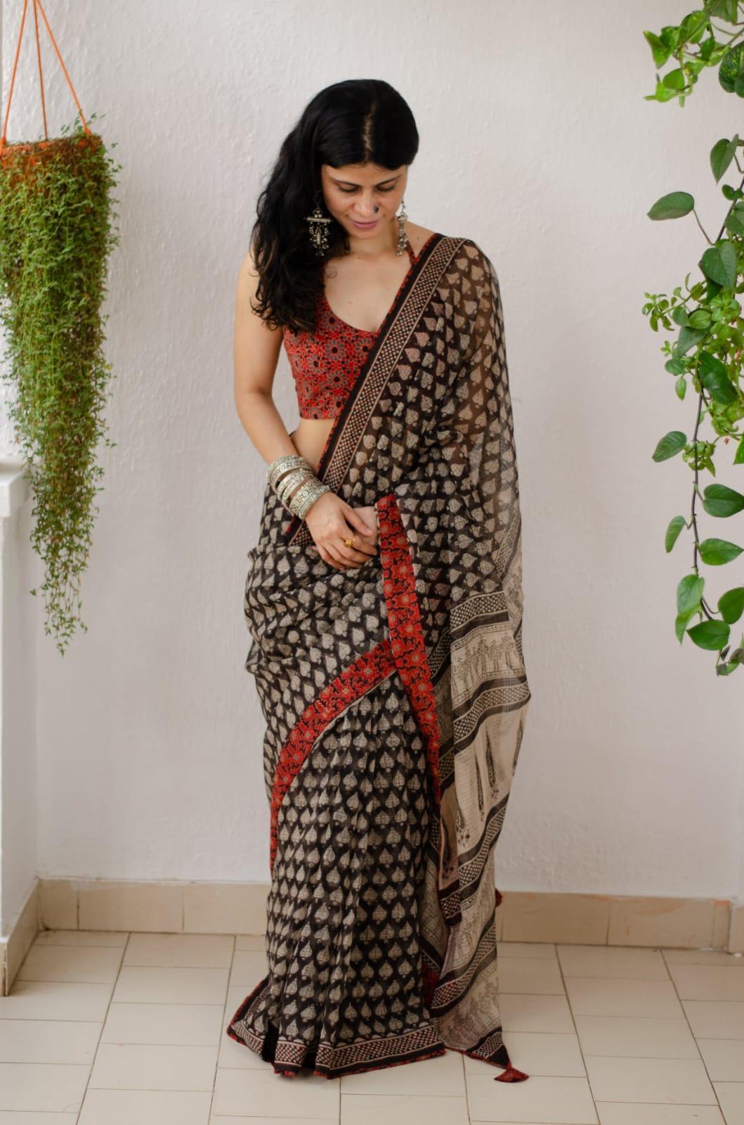 SOFT Poly-cotton ajrakh print SAREES 13662N - Griiham