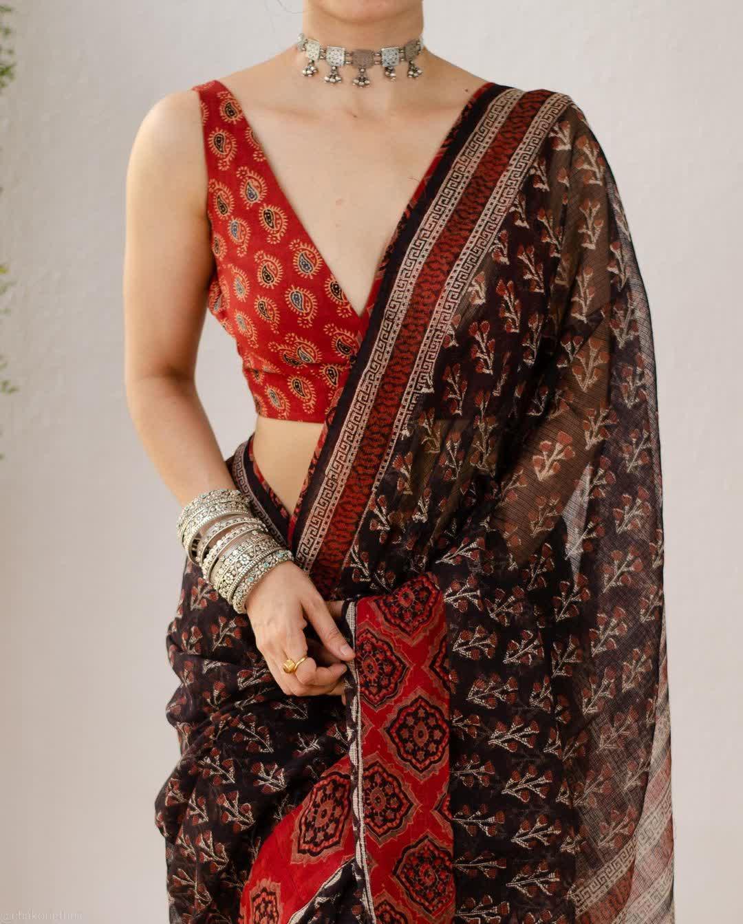 SOFT Poly-cotton ajrakh print SAREES 13668N - Griiham