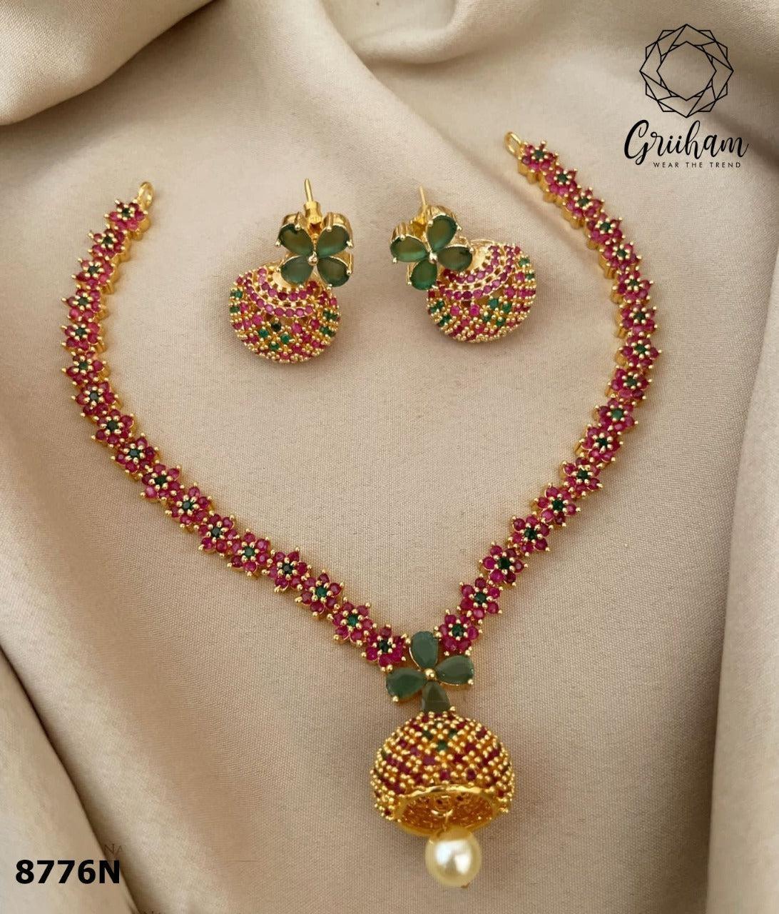 Sayara Collection Jumki drop Multi Color stone Party Wear Necklace Set 8776N-Necklace Set-season end sale item-Griiham