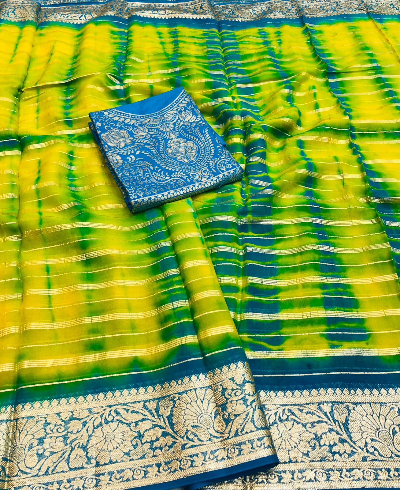 Sibori dyed with gold zari weaving Cotton Semi-silk Saree14649N