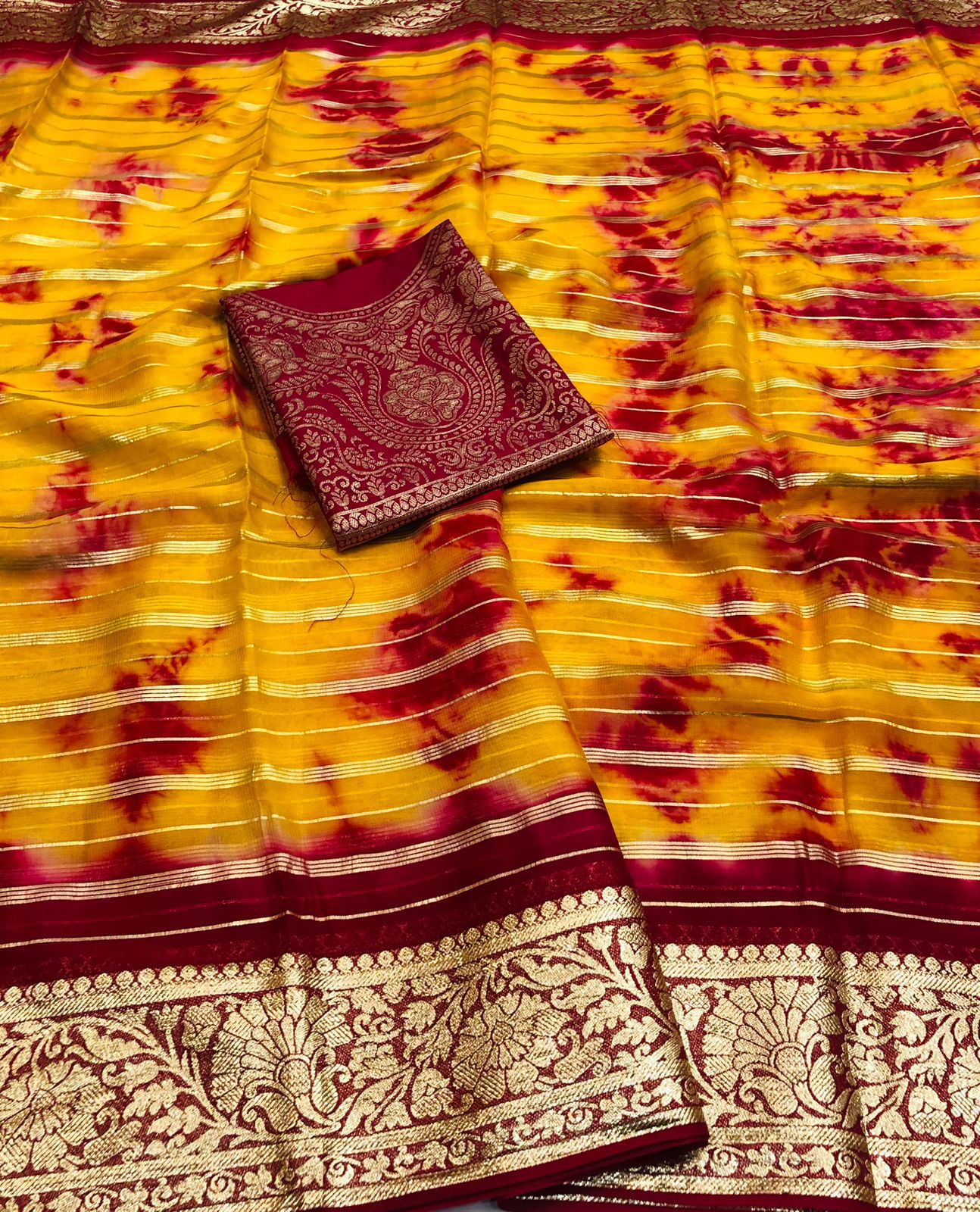 Sibori dyed with gold zari weaving Cotton Semi-silk Saree14649N