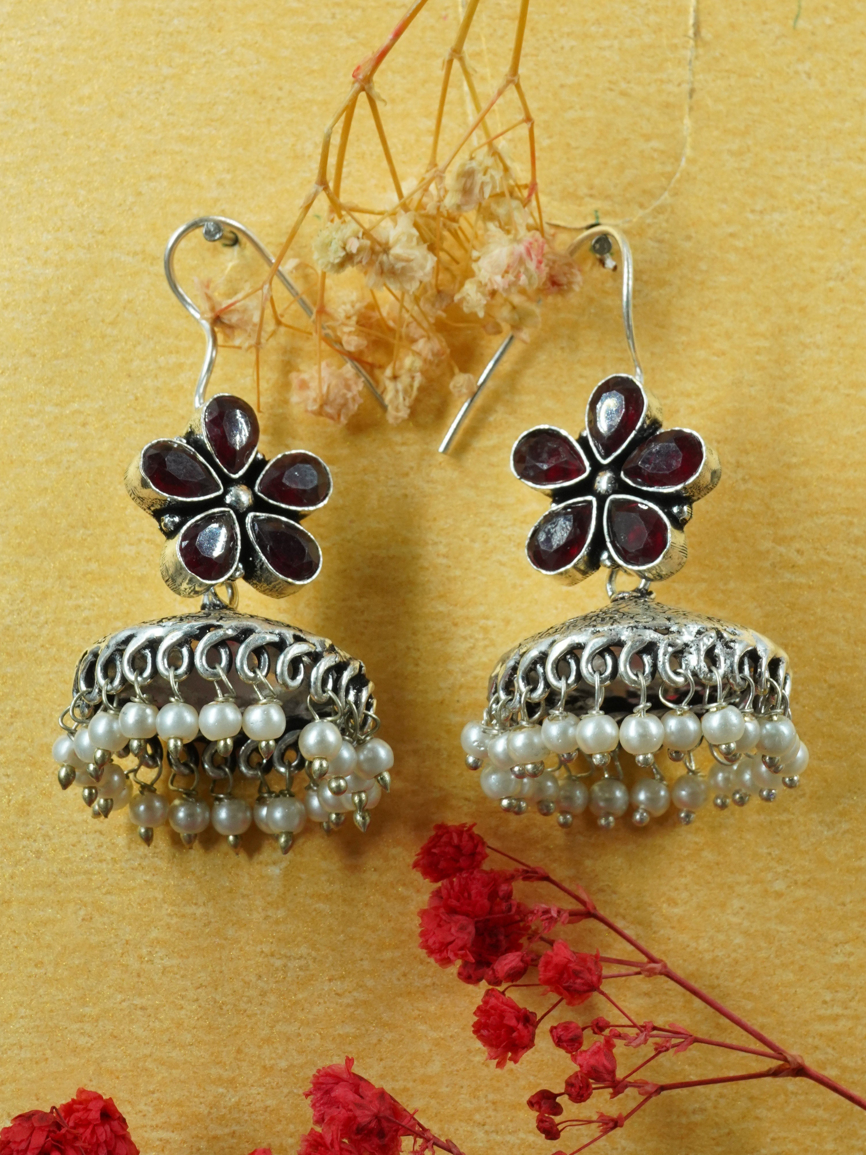 Silver Oxidised Cute Dangler with Magenta colour stone 12480N