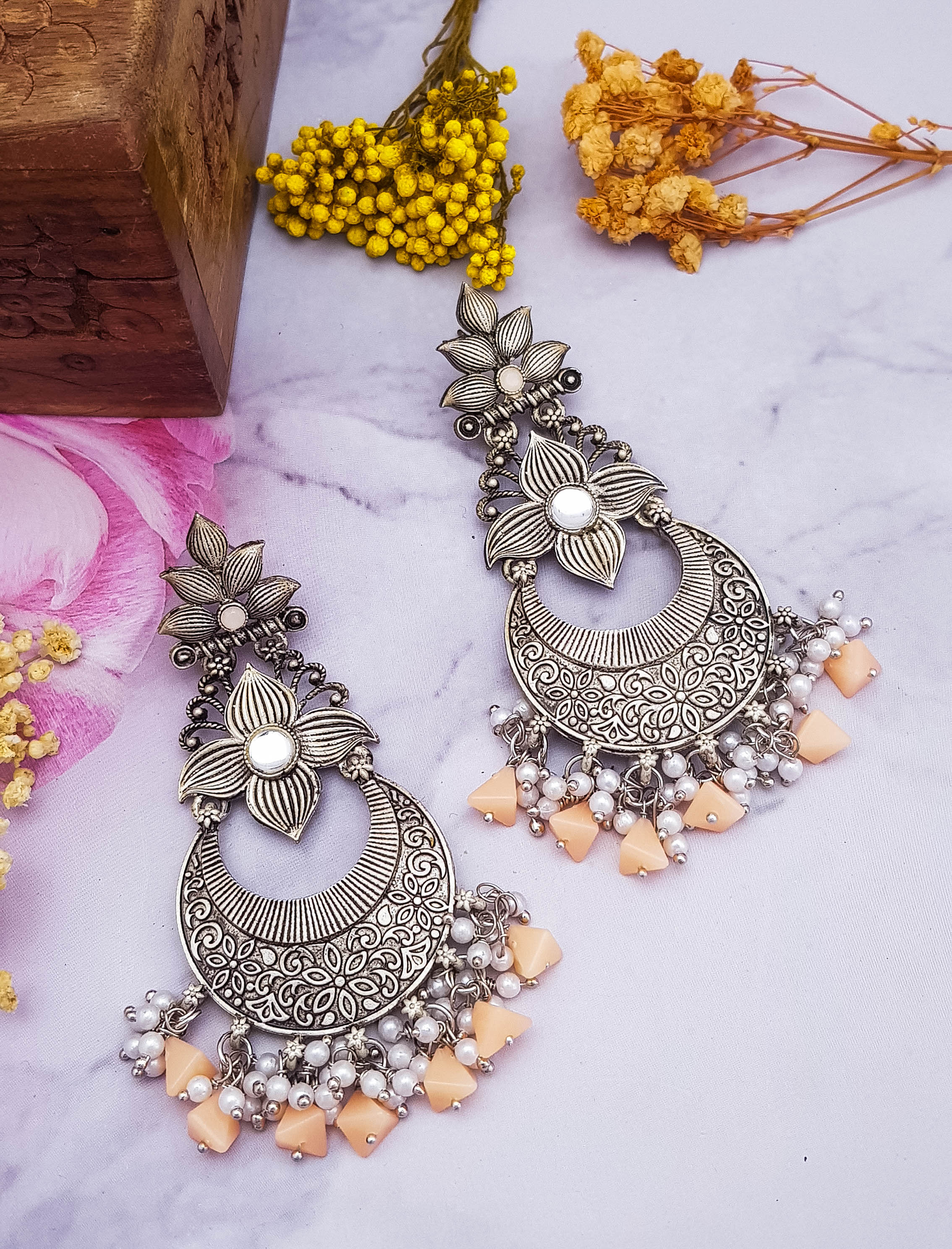 Silver Oxidised Dangler Earrings with stone drops 19600N