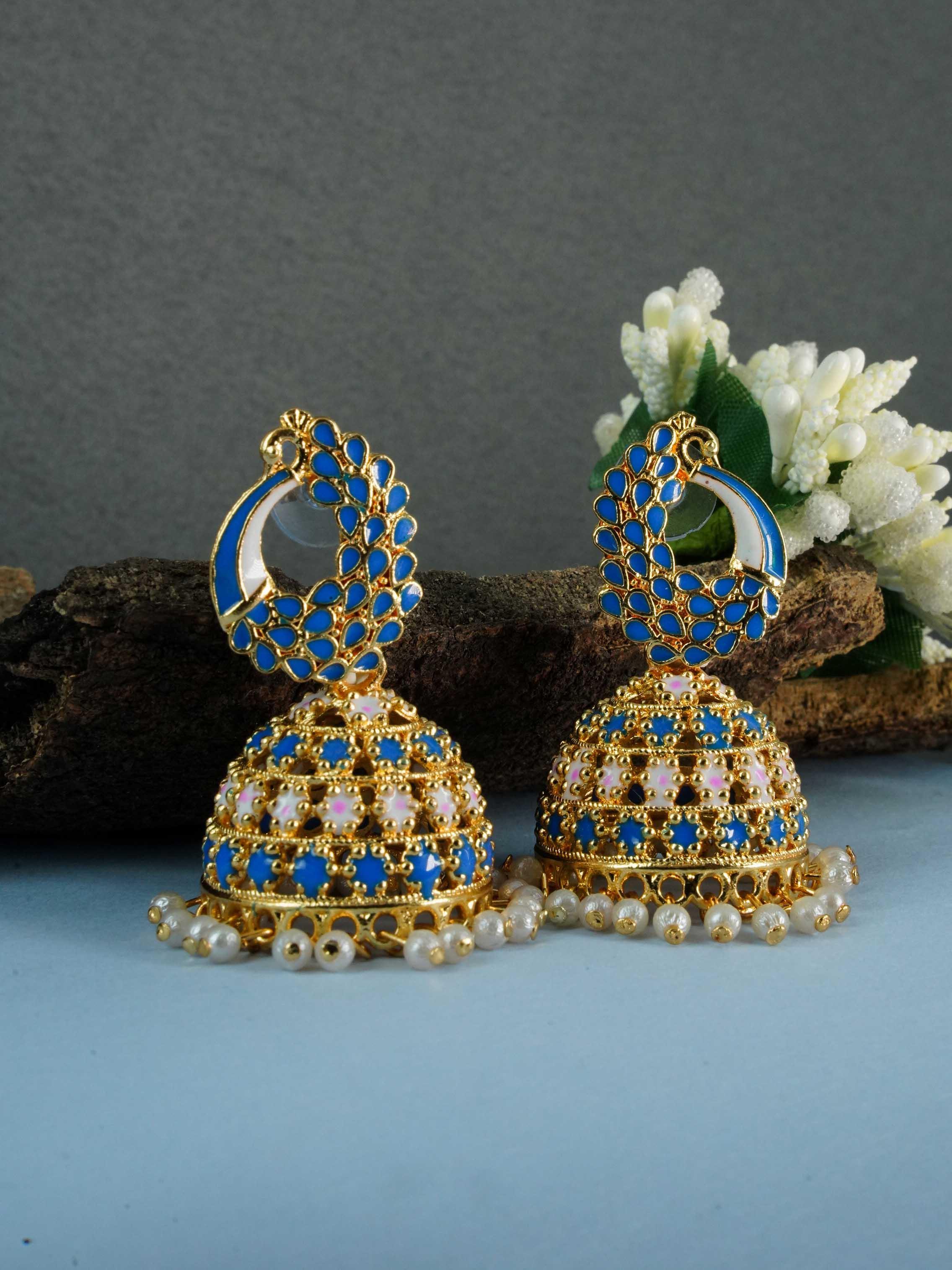 Silver Oxidised Exclusive Peacock Design Jhumkis / Earrings with different color options 9798N - Griiham