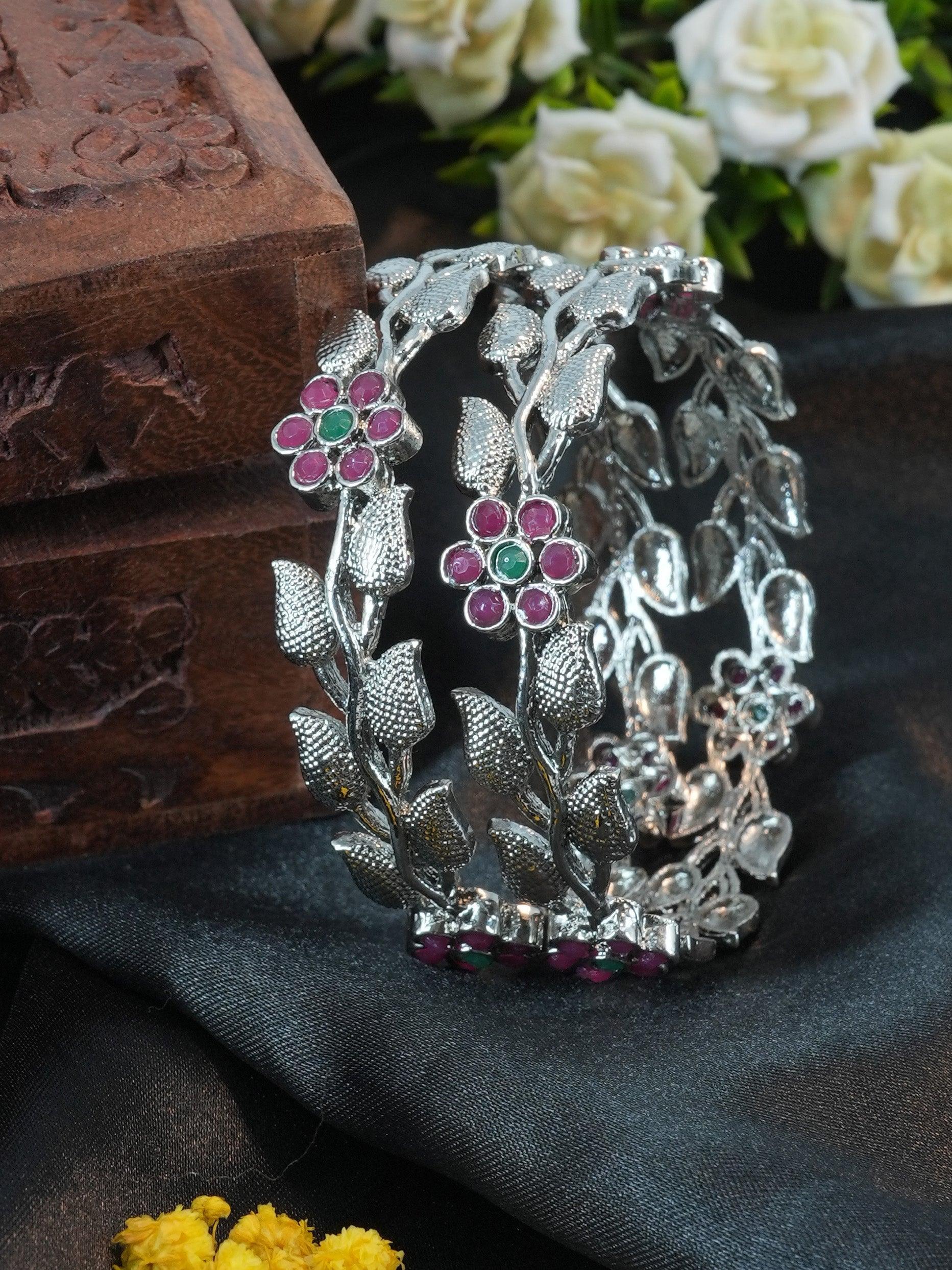 Silver Oxidised Floral Set of 2 bangles 11498A