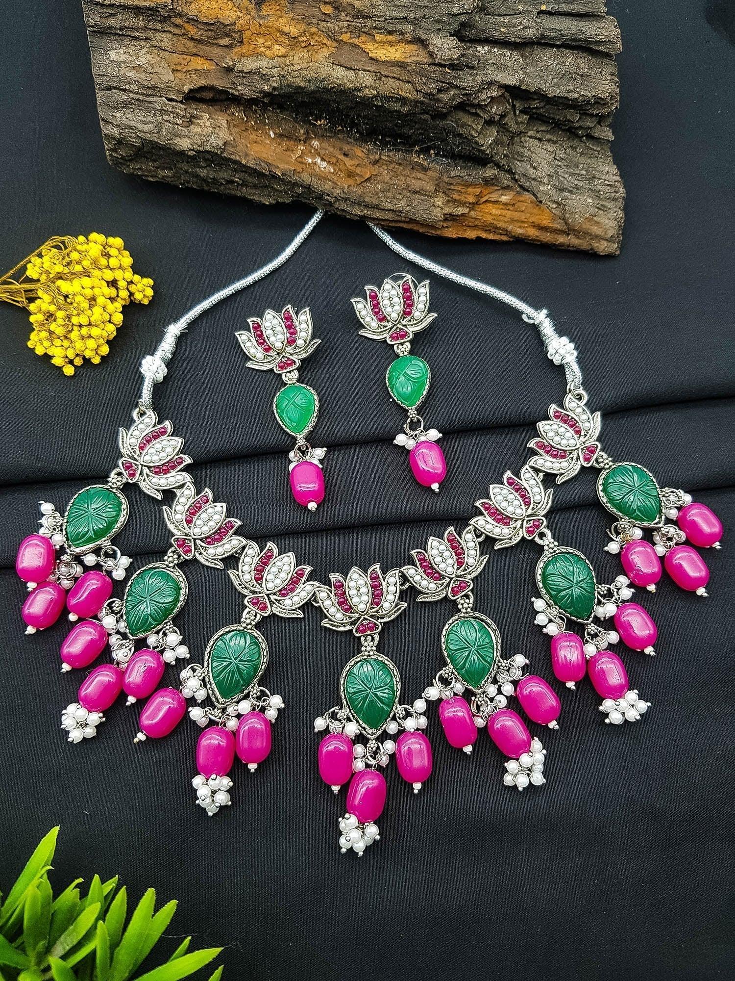 Silver Oxidised Plated Elegant Necklace Set 17839N - Griiham