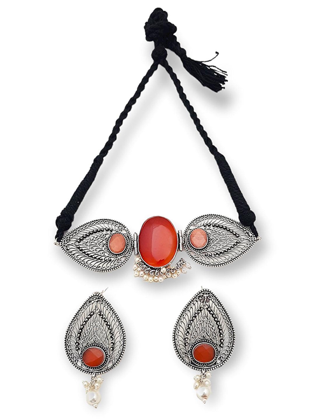 Silver Oxidised Short Choker set with Stone 5790N - Griiham