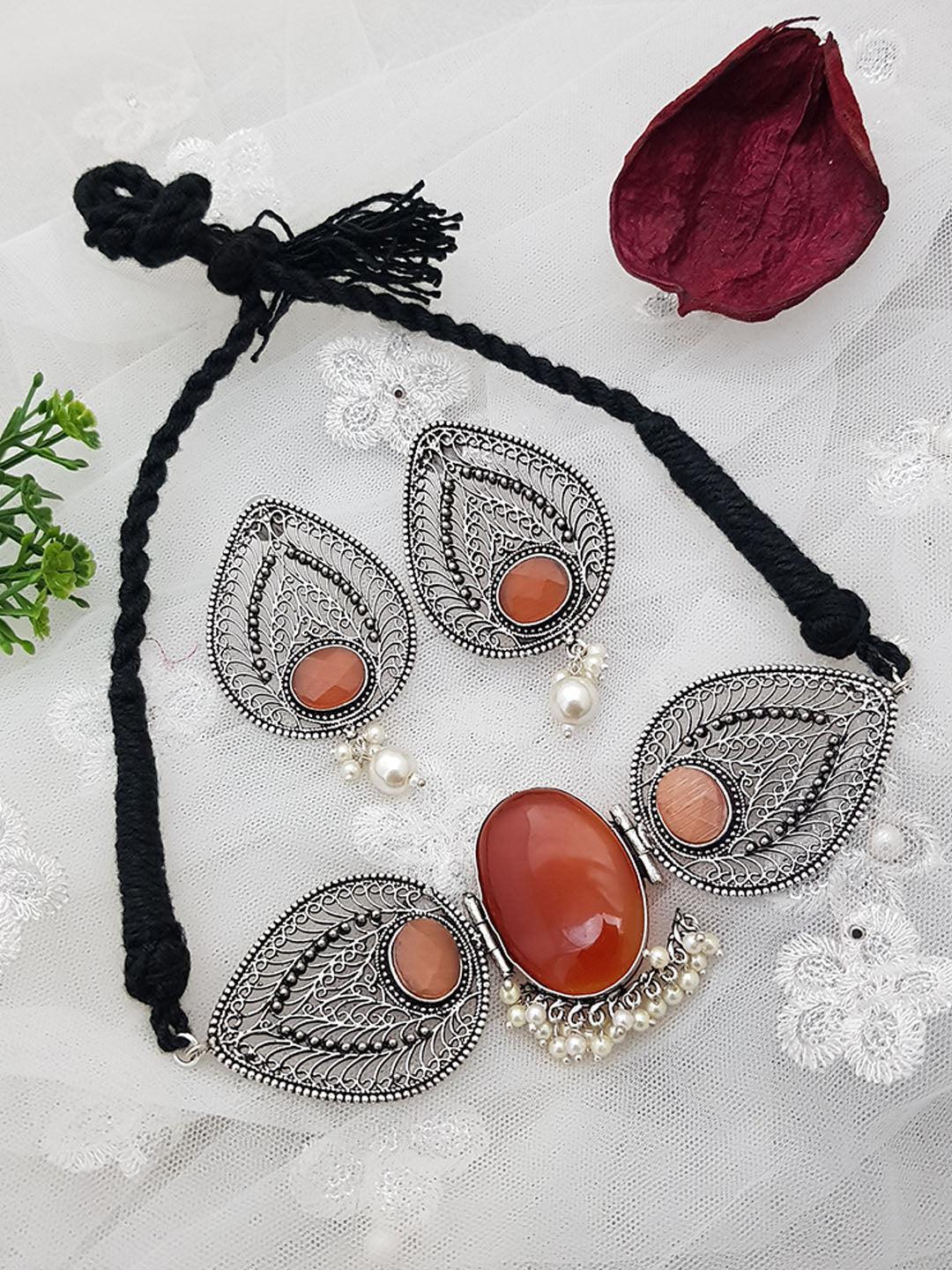 Silver Oxidised Short Choker set with Stone 5790N
