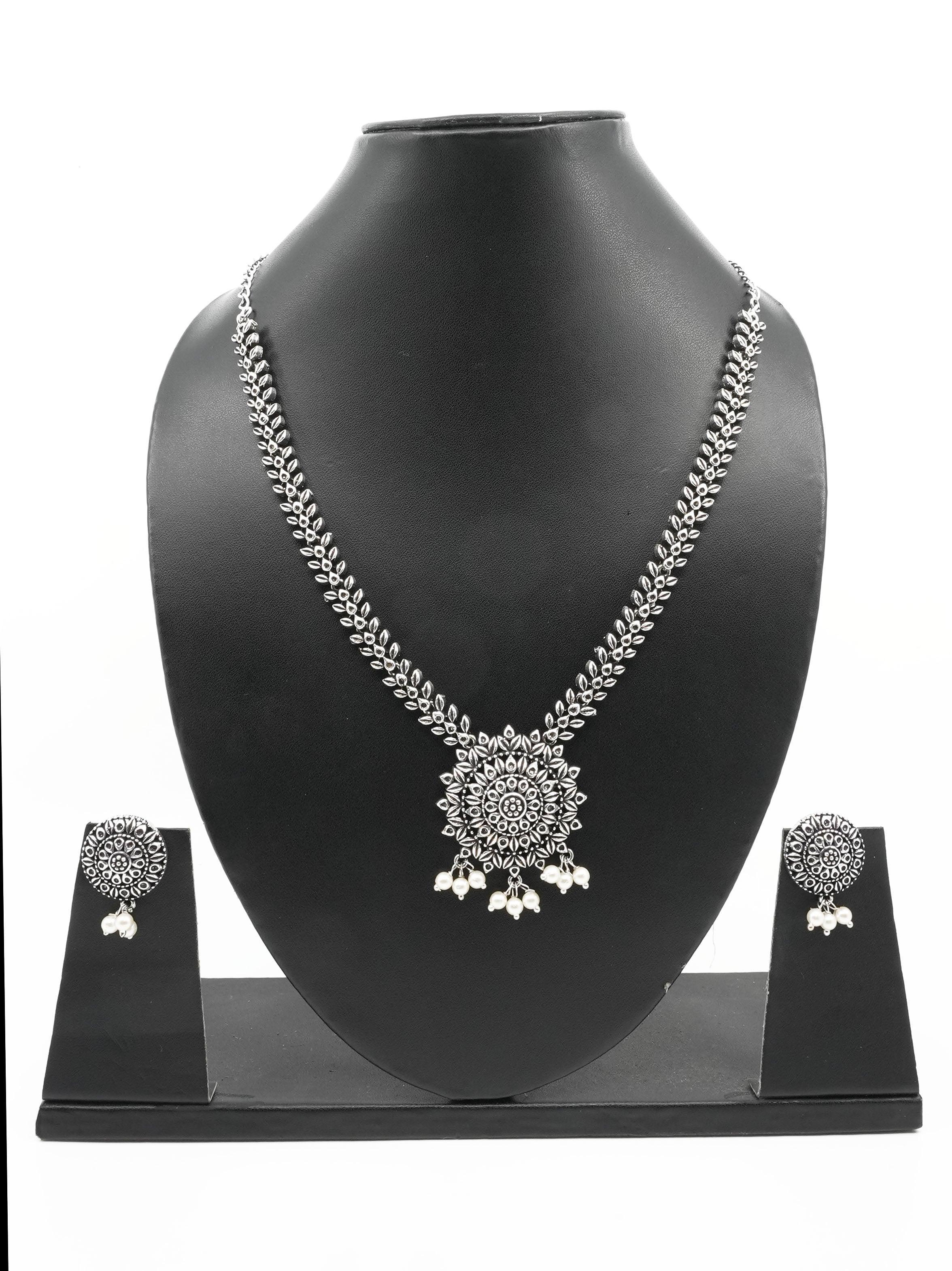 Silver Oxidised Simple Designer Necklace Set for special occasion 10761N - Griiham