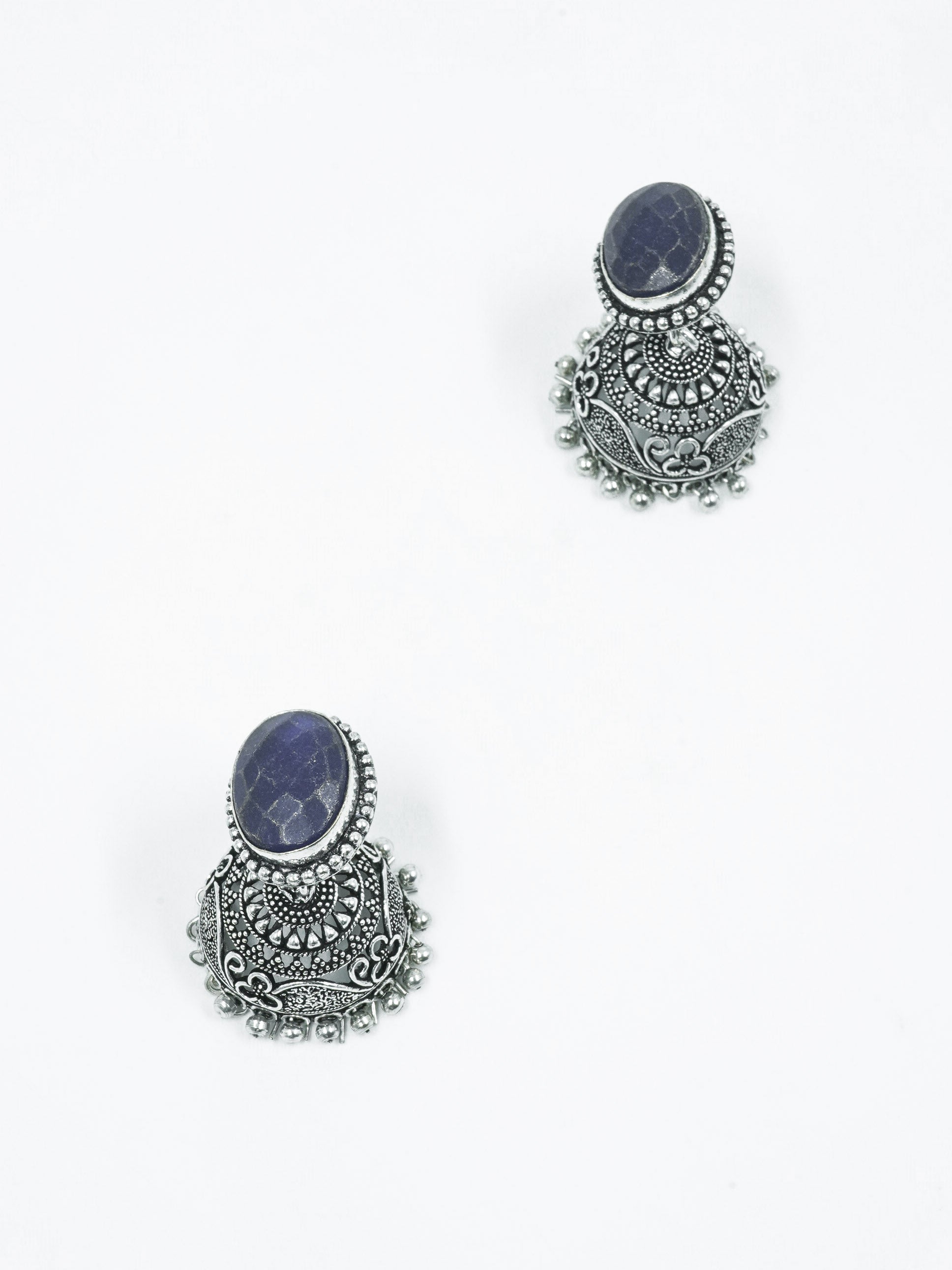 Silver Oxidised designer Long Jhumkis / Earrings with Dark Blue Stone 12470N