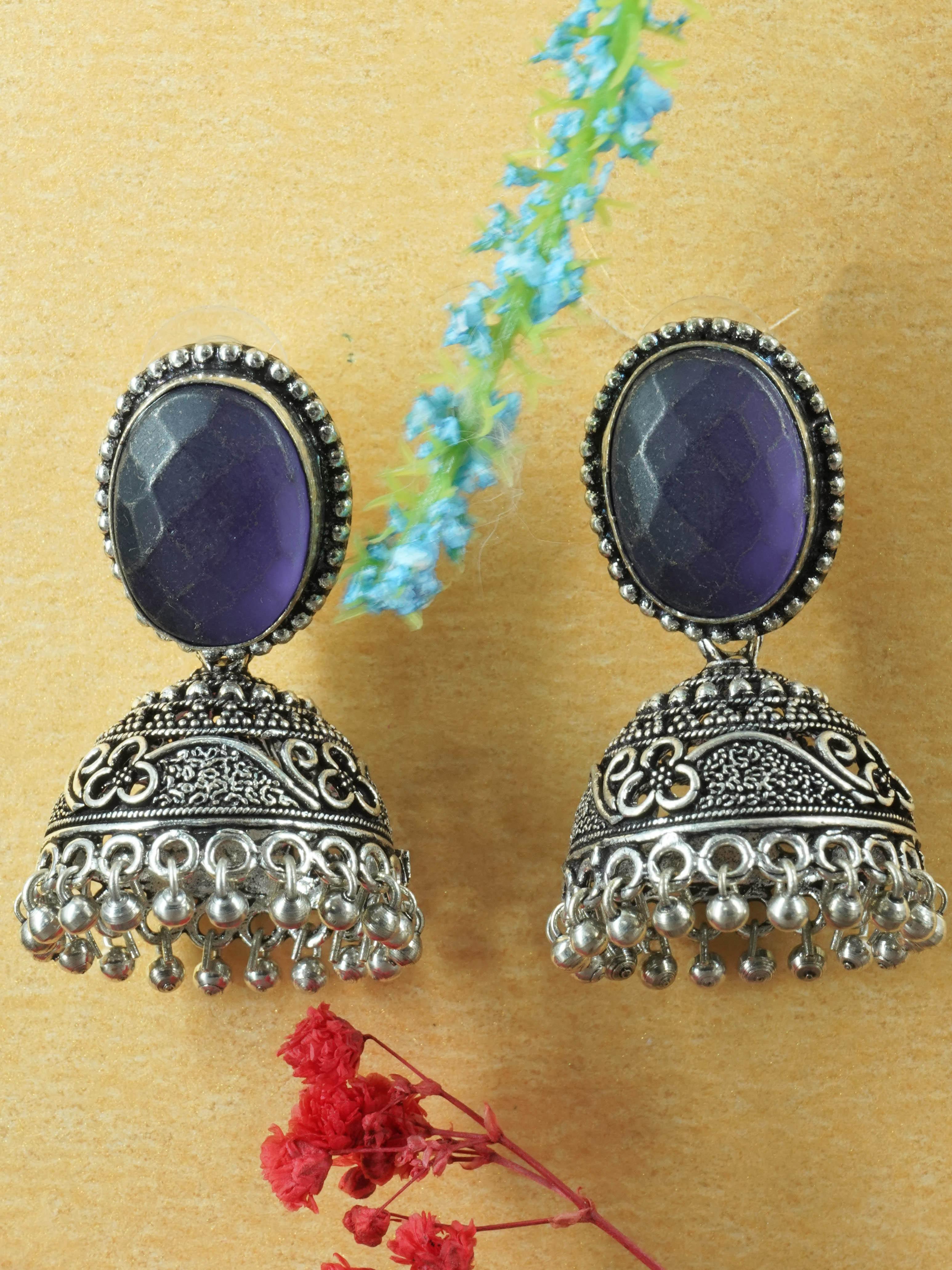 Silver Oxidised designer Long Jhumkis / Earrings with Dark Blue Stone 12470N - Griiham