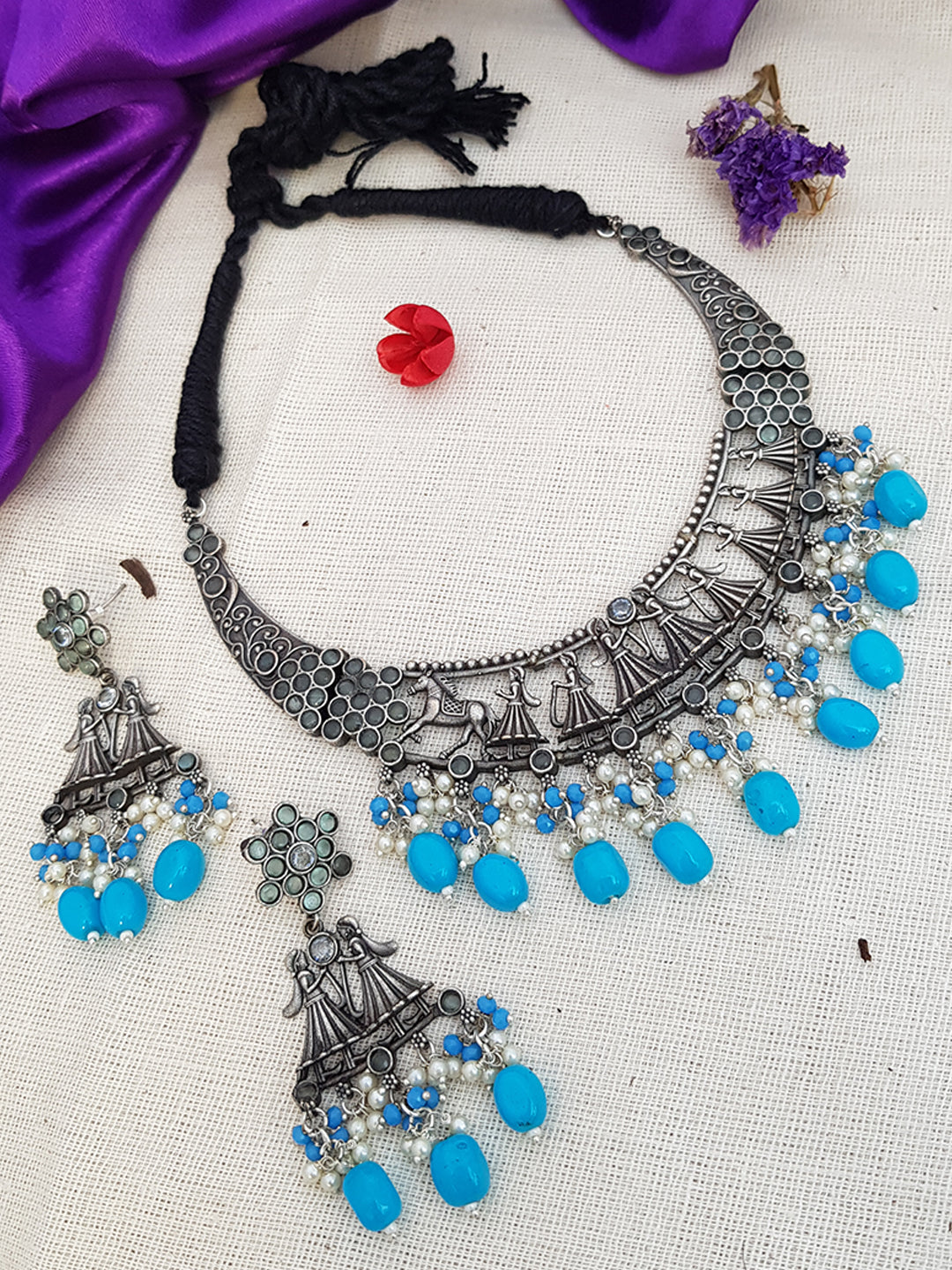 Silver Oxidised short Necklace set with Blue colour stones for all occasions 5678N