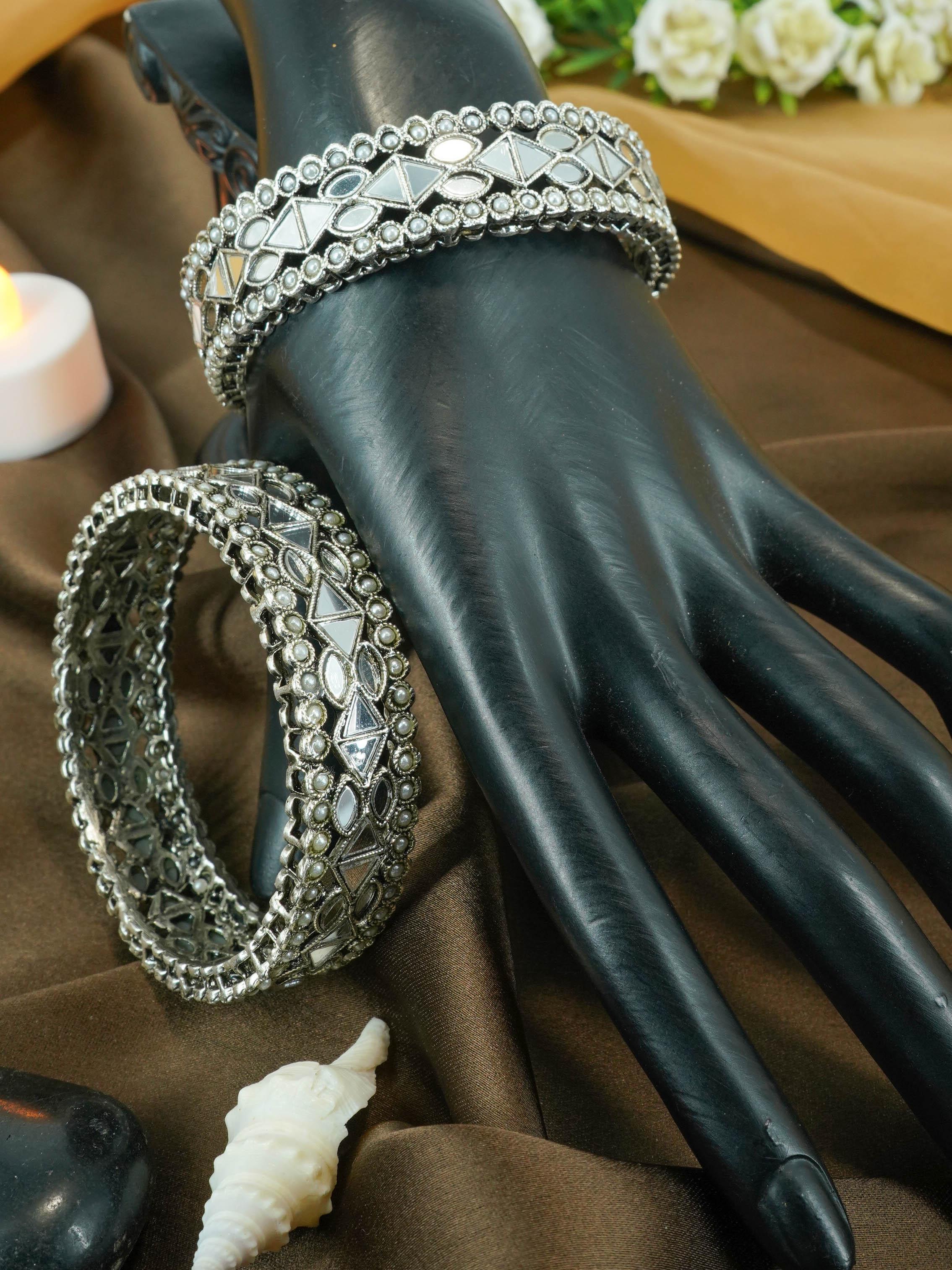 Silver Plated Oxidised Set of 2 Bangles with white beads - Griiham