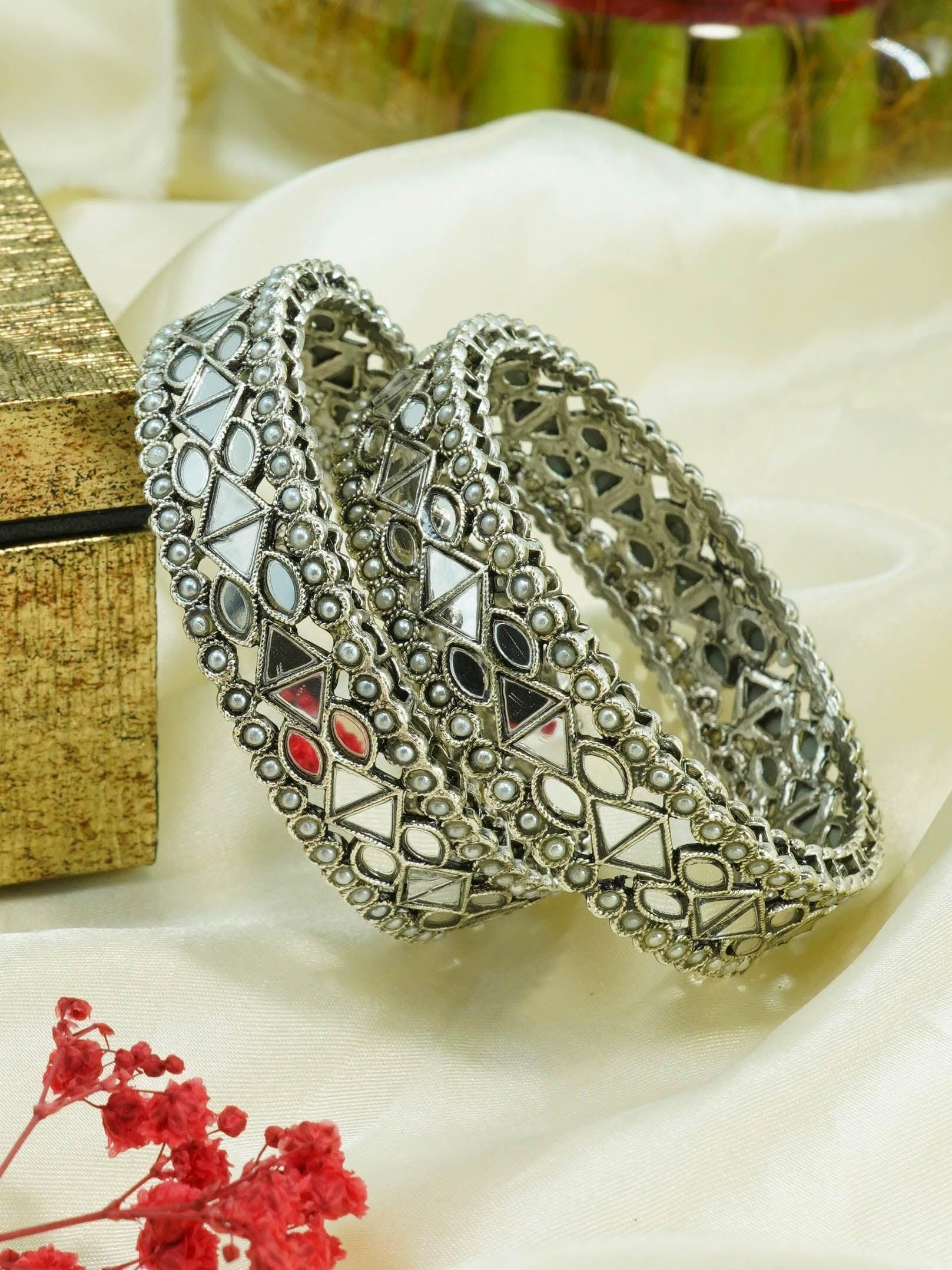Silver Plated Oxidised Set of 2 Bangles with white beads