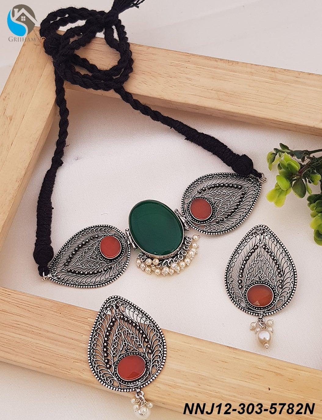 Silver oxidised Multicolor stone necklace set 5782n
