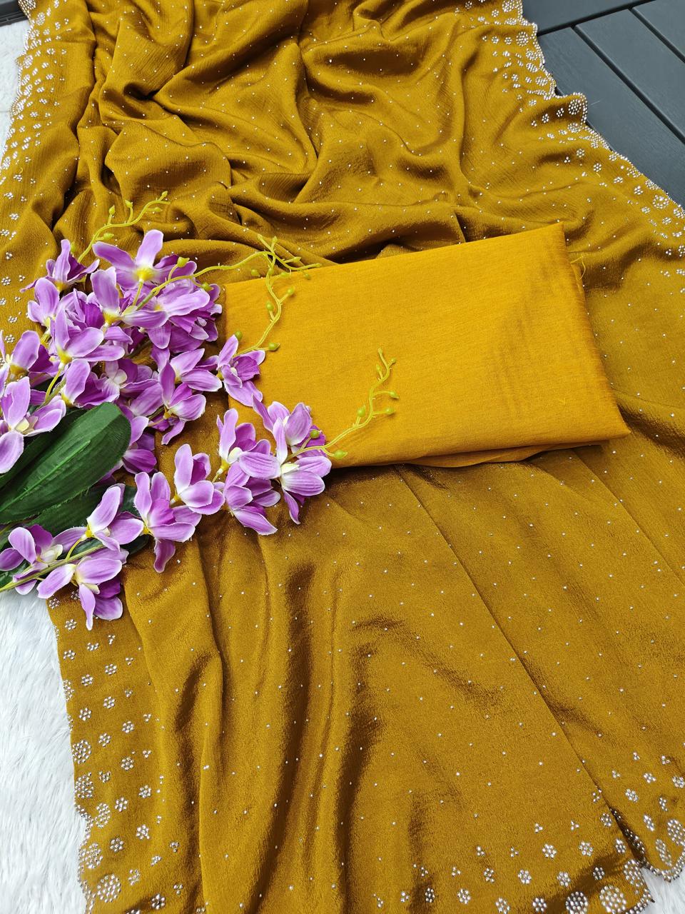 Soft Chinnon Silk Fabric With Designer Swaroski Work Saree 21479N