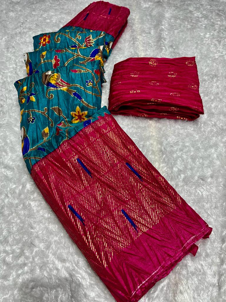 Soft Crush Dola Sarees With Pochampally Design With Foil Print Border 16235N