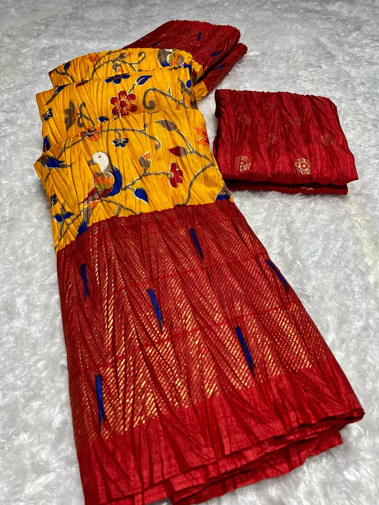 Soft Crush Dola Sarees With Pochampally Design With Foil Print Border 16235N
