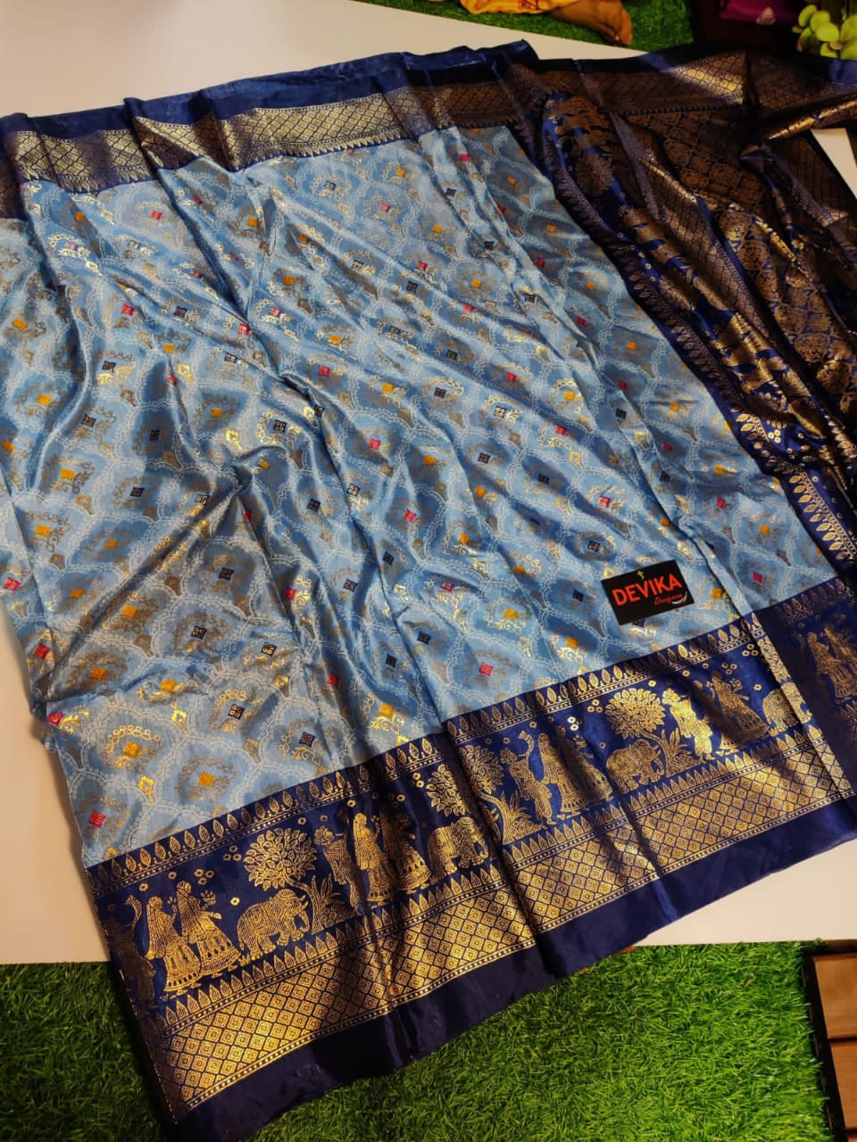 Soft Dola semi- silk  sarees with pochampalli  design 19584N