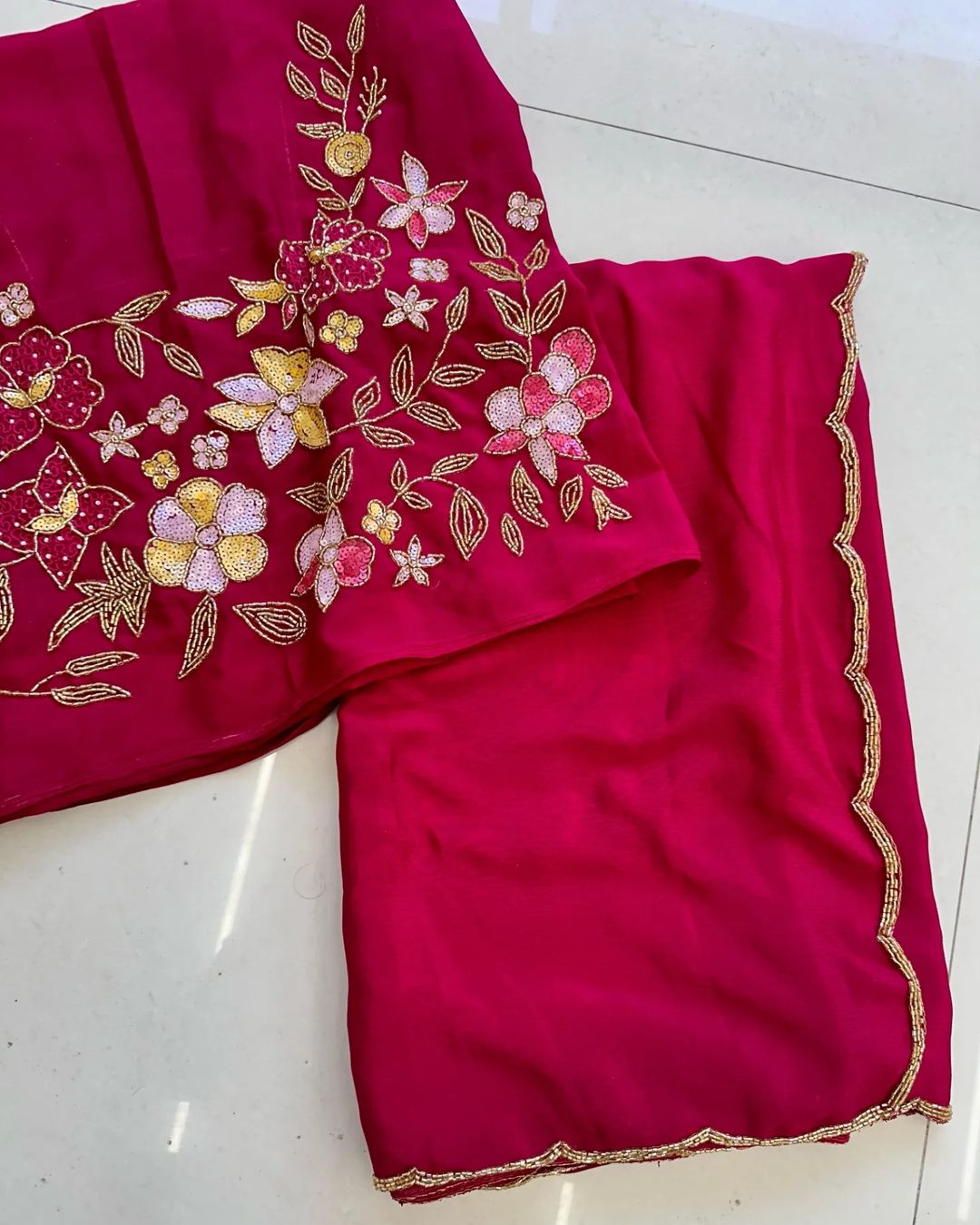 Soft Hand Dyeing Chinnon Cover With Three Layer Cutdana Border Saree 23233N